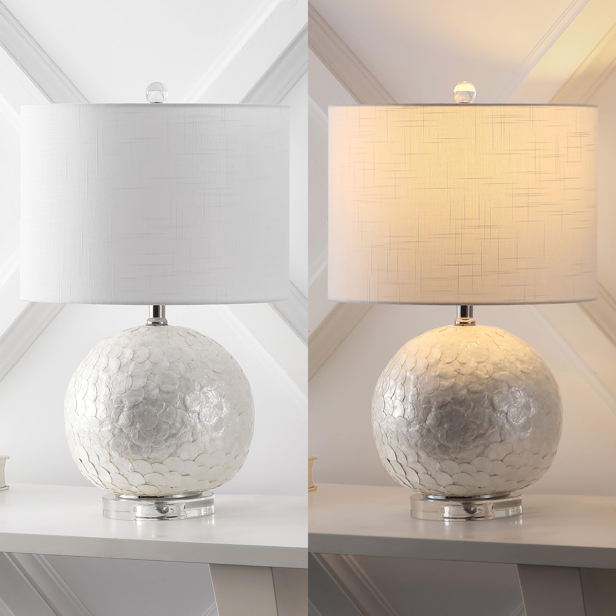 JONATHAN Y Zuri Table Lamp Capiz Seashell Sphere 23.5 Pearl White | Contemporary Transitional Style Linen Drum Shade Crystal Base Metal Chrome Accents Rotary Switch LED Bulb Included product thumbnail 7