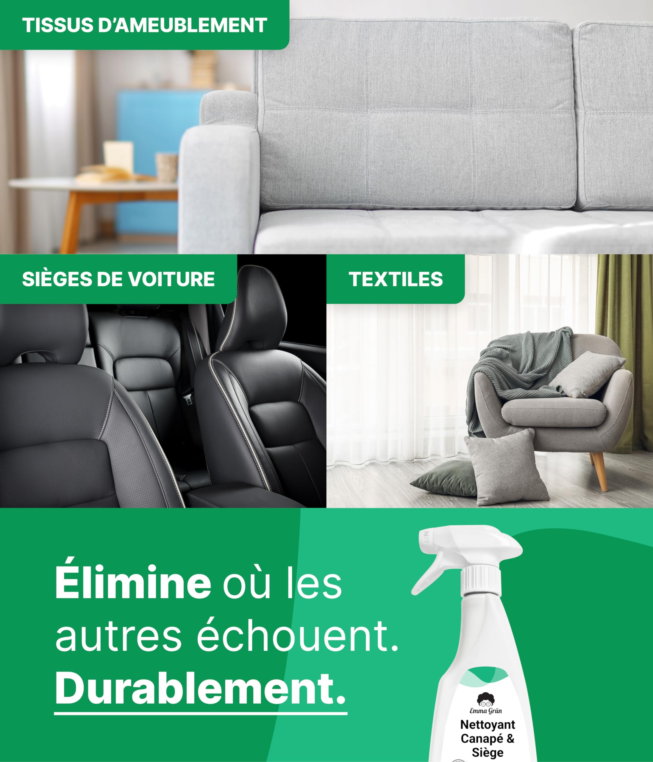 Nettoyant Premium pour Canapés & Sièges Auto, Nettoyant Durable pour Canapés 500ml, Nettoyant pour Canapés & Meubles Rembourrés avec Brosse, Emma Grün Détachant Canapé d'Allemagne