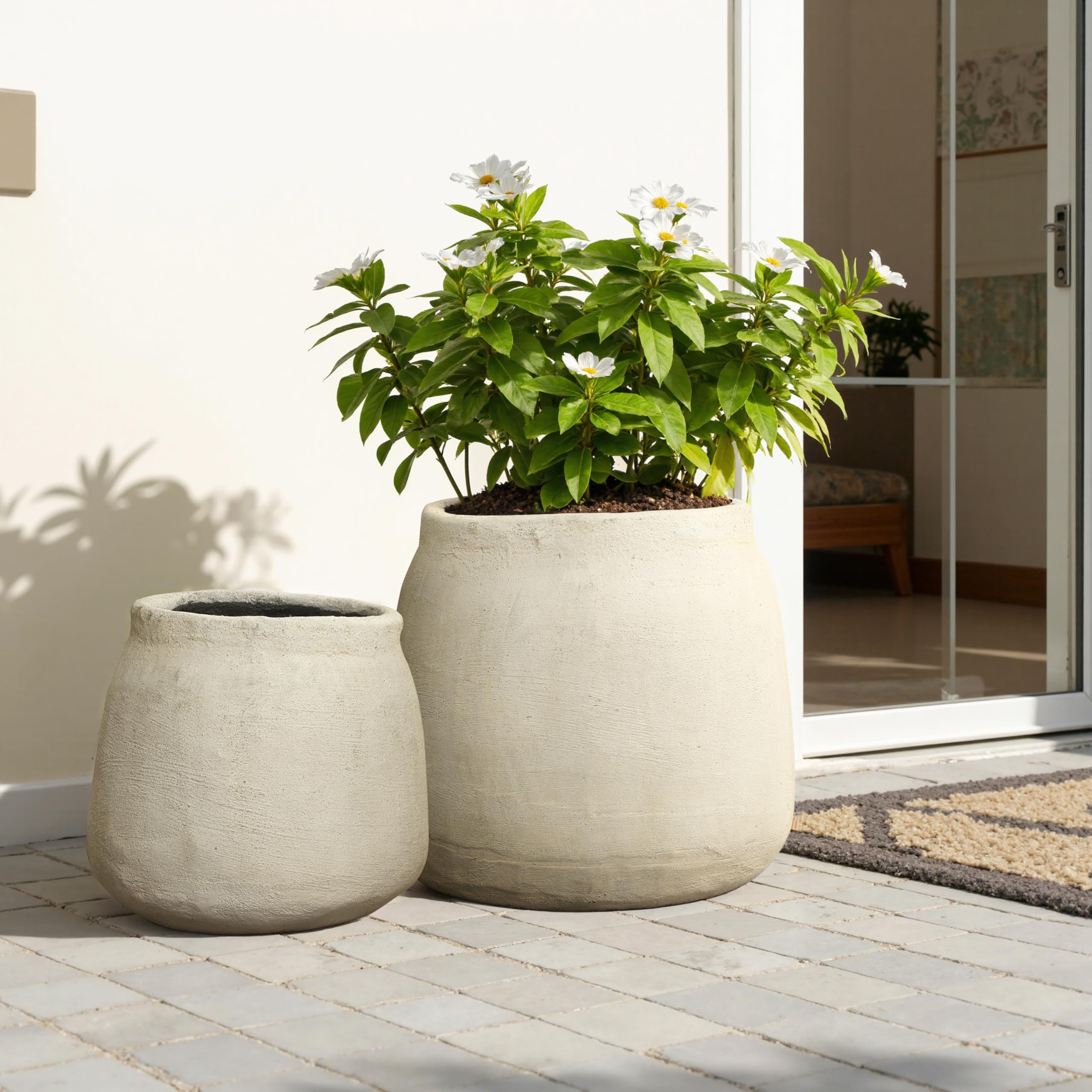 Hometopia Blumentopf Groß, Rund Übertöpfe Betonoptik für Außen & Innen, Massiver Pflanzkübel mit Drainage-Loch ideal für Wohnzimmer, Küche und Balkon (Beige, Ø42xH37 cm)