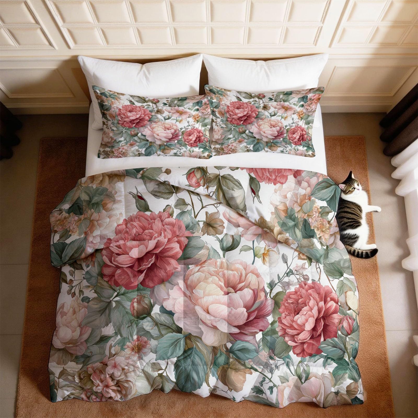 Bettdecke Französisch Romantisch Blumen Steppdecke 155 x 220 cm für Teenager, Pfingstrose Zweig Blatt 4-Jahreszeiten Warme Weiche Bettdecke Einzelbett, 1 Steppdecke ohne Bezug mit 2 Kissenbezügen