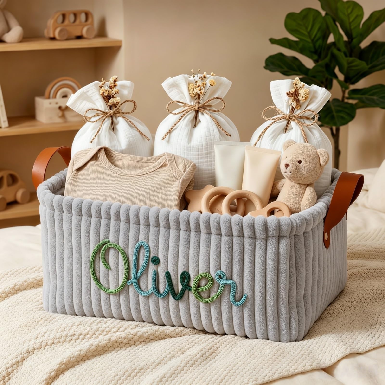 Custom Diaper Basket, Personalized Corduroy Storage Bin For Nursery Decor