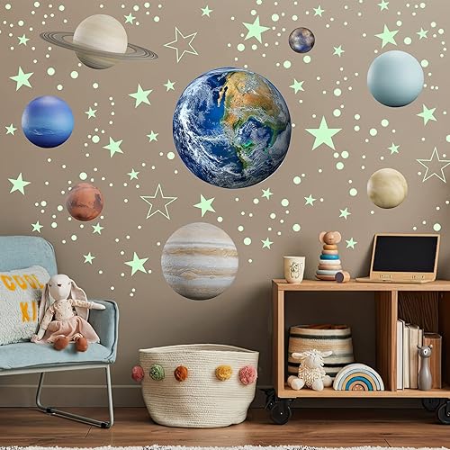 Miniatura 5 de Calcomanías de pared que brillan en la oscuridad del sistema solar, calcomanías de pared de la Tierra para dormitorio, guardería de bebé, planetas,