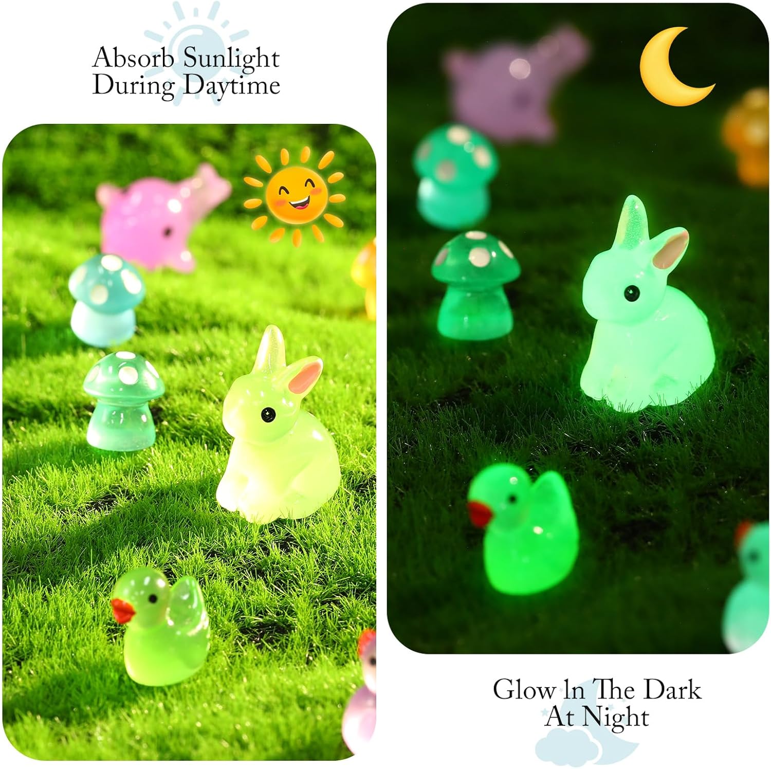 VZZNN 148 Pcs Easter Luminous Mini Resin Animals Tiny Rabbits Ducks Dolphins Mushrooms Glow in The Dark Bulk Variety Pack for Garden Aquarium Dollhouse Fairy Garden Decor