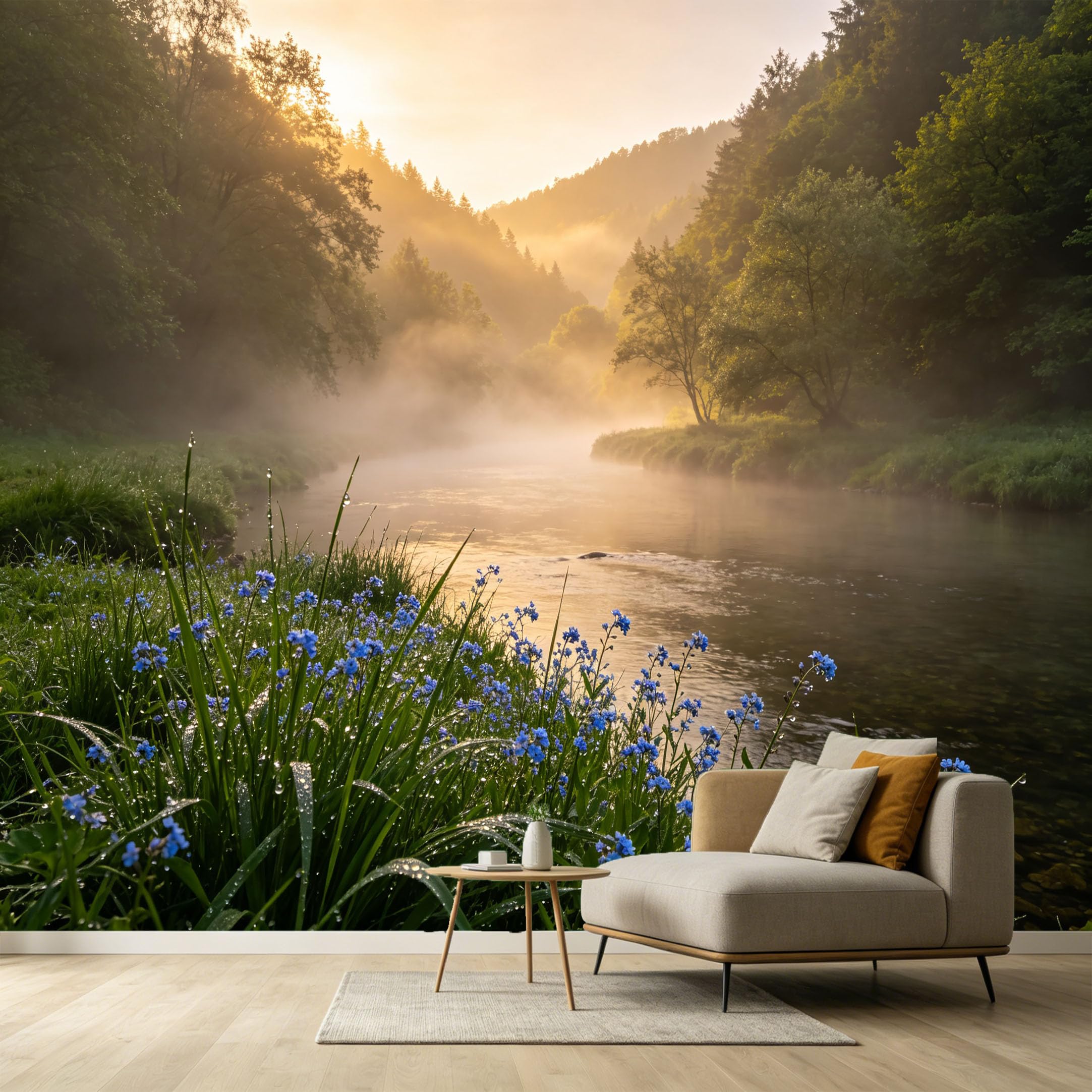 Custom Size Wall Murals Forest Landscape Misty River Wildflower Sunrise Self-Adhesive Wall Fabric Removable Wallpaper Wall for Living Room Bedroom Office Decor