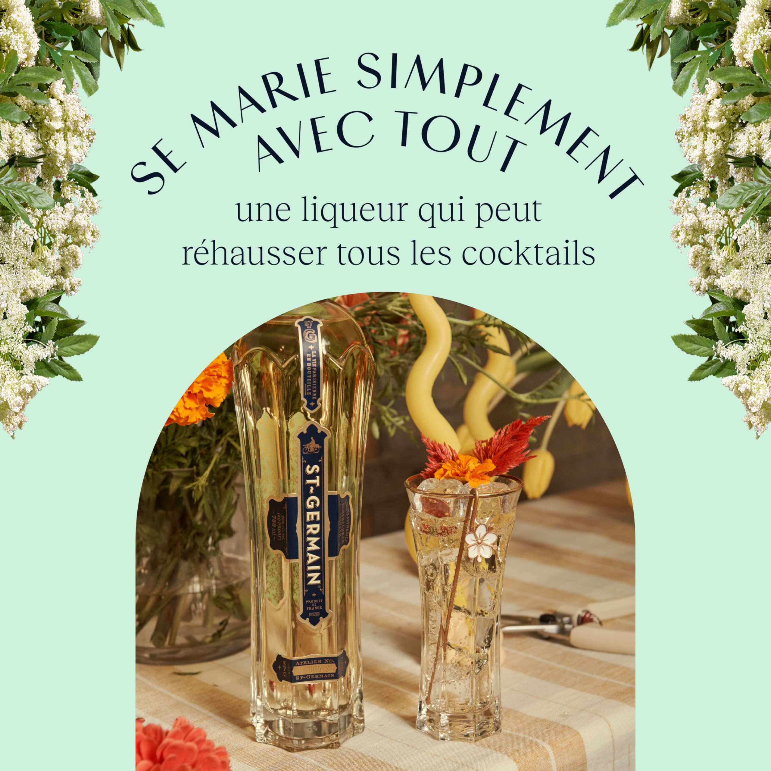 St-Germain Liqueur Française élaborée aux fleurs de sureau, 20 % vol., 50 cl/500 ml, fraîchement cueillies à la main, sans arômes artificiels