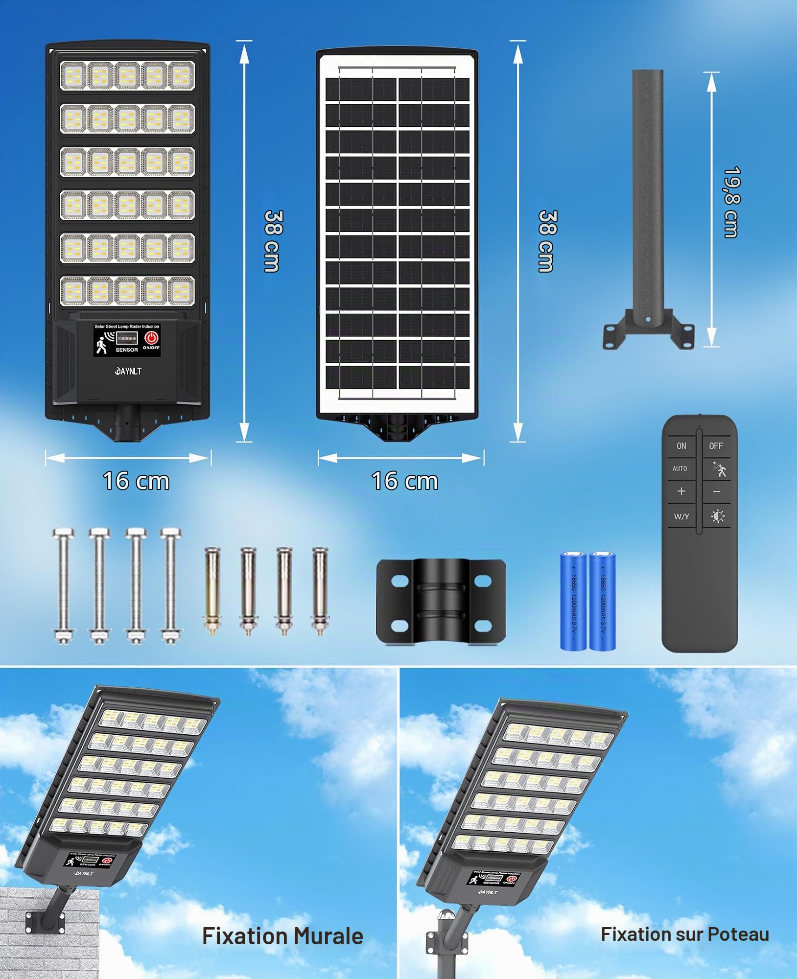 JAYNLT Lampadaire Solaire Exterieur, 6500K Lampe solaire Extérieure avec Télécommande, IP66 Étanche Projecteur avec Detecteur de Mouvement, Lumière Solaire pour Rue, Garage, Parking-2 Pack