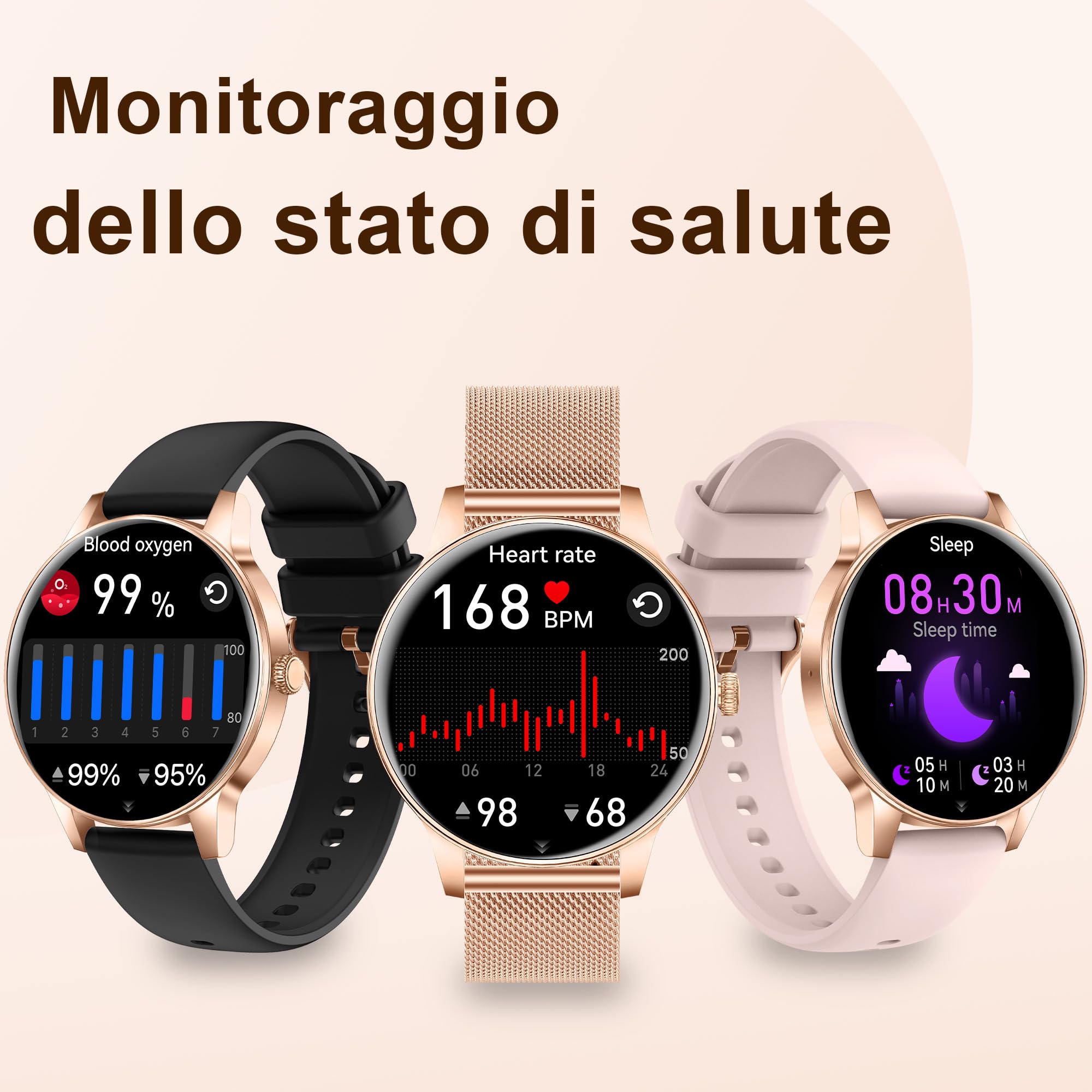 Smartwatch Donna con Chiamata Bluetooth, 1,27" HD 3 Cinturini | Orologio Fitness con Frequenza, Cardiaca, SpO2, Sonno, 100+ Sportive, Impermeabil IP68 per Android iOS Rosegold