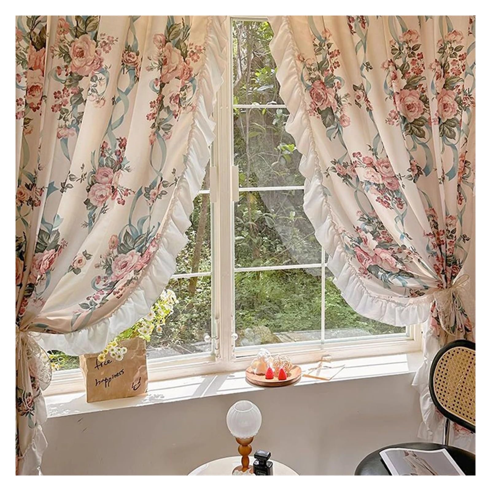 Rideaux voilage en dentelle beige et tissu à volants haut de gamme