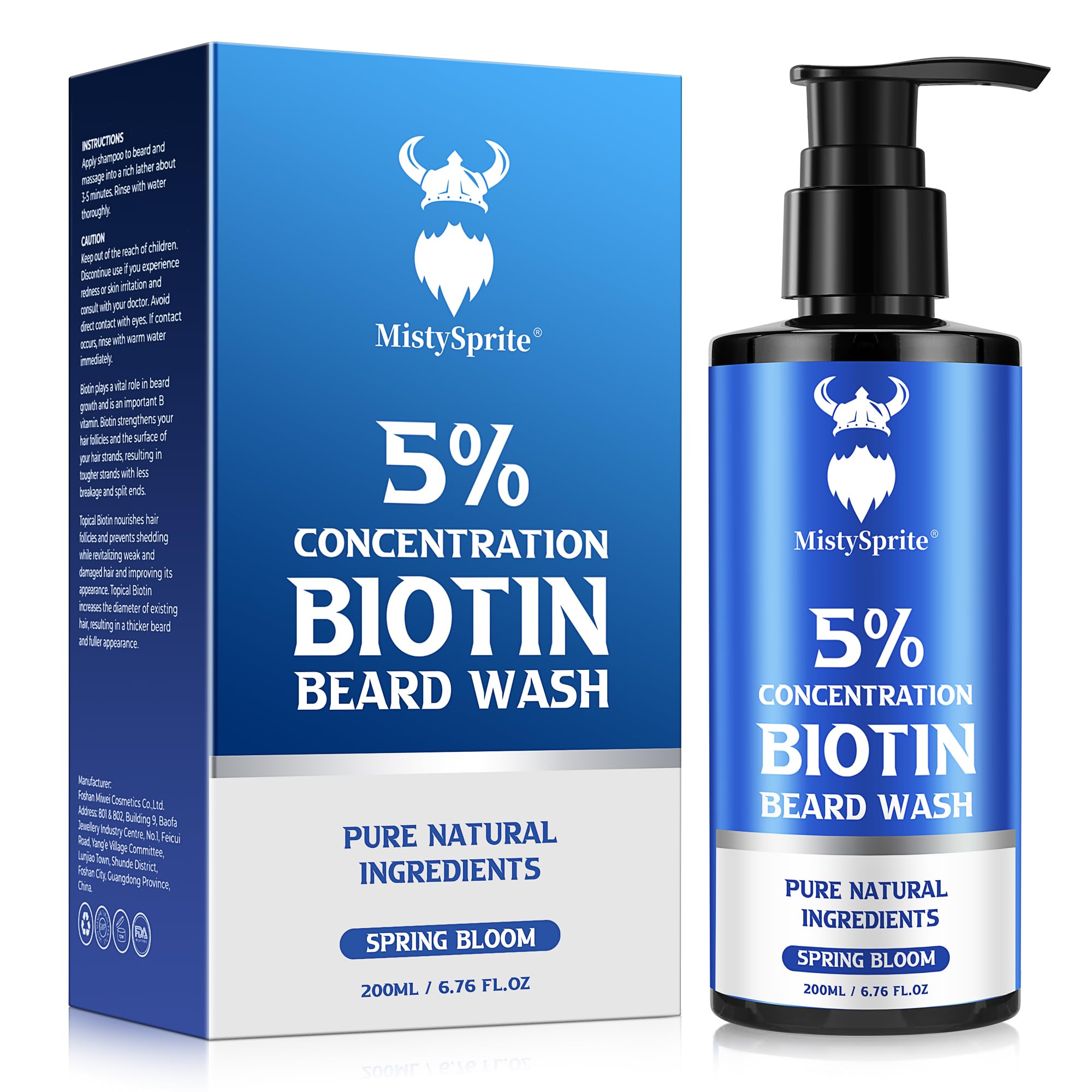 MistySprite 5% Biotin Beard Shampoo for Men, Thickening & Volumizing Formula - Soothes Itchy Skin, Hydrates & Softens Dry Coarse Facial Hair, 6.7 oz Spring Bloom Scent