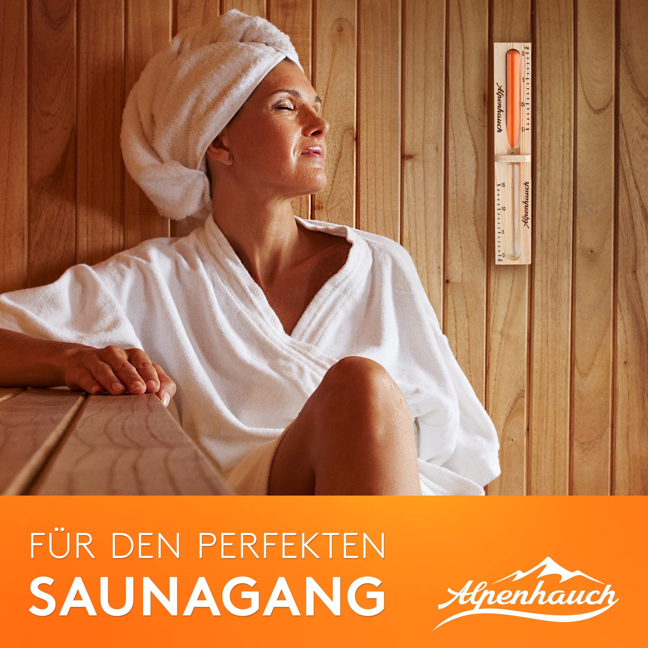 ALPENHAUCH Reloj de arena para sauna de 15 minutos de madera 100% natural, elegante reloj de sauna con arena ultra fina, reloj de sauna giratorio 360°, de madera para sauna y accesorios de montaje