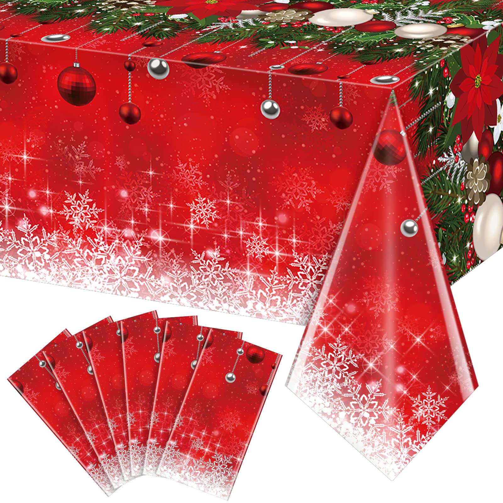 6Pieces Merry Christmas Tablecloth Plastic Christmas Tree Ball Table Cover Rectangle Winter Snowflake Tablecloth for Merry Christmas Holiday New Year Eve Party Decorations Supplies,54x108inch