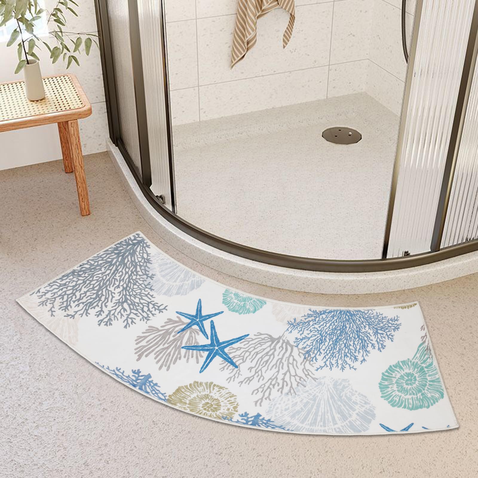 Blue Sea Curved Bath Rug, 18 x 57 inch Non Slip Microfiber Soft Absorbent Bathroom Mats for Corner Bath Tub Quadrant Shower Stall (Sea)