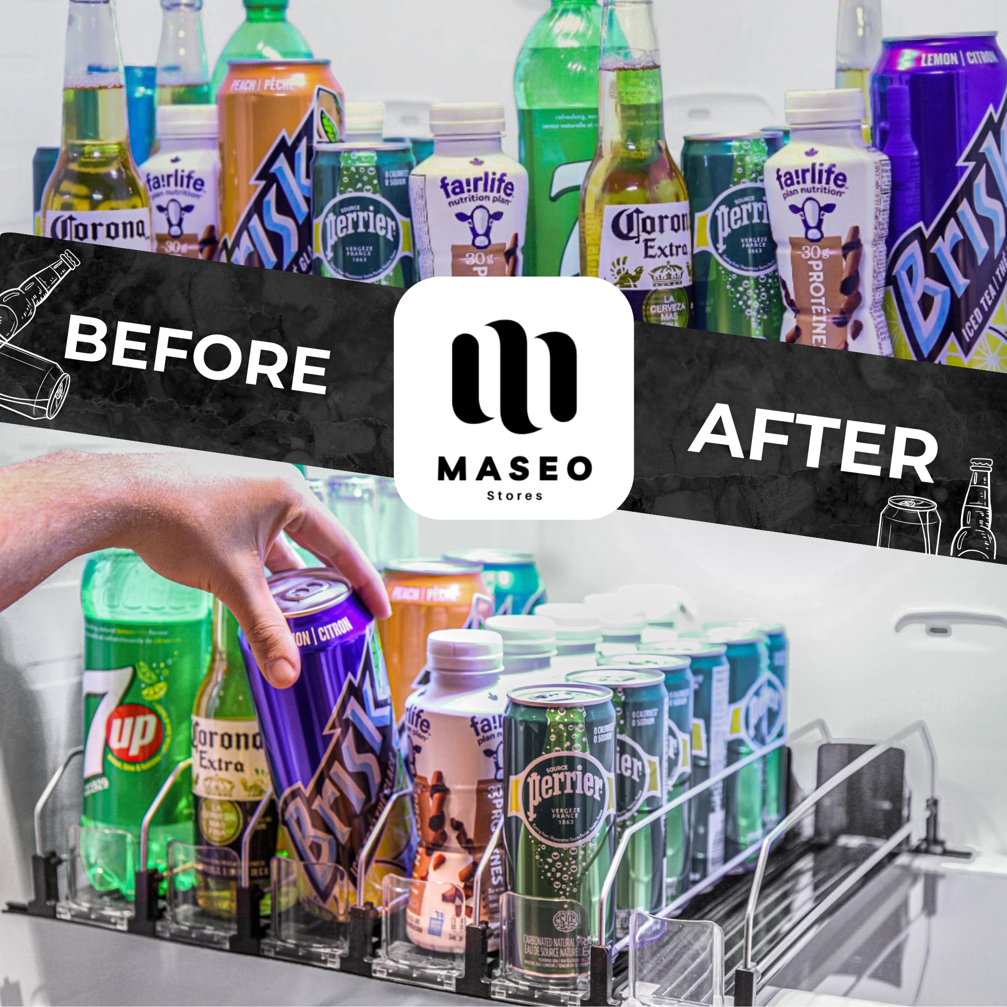 Drink Organizer for Fridge - Automatic Drink Dispenser for Fridge - Soda Can Dispenser for Refrigerator - Water, Beer Bottle, Soda Can Organizer for Refrigerator – Adjustable Self Pushing 6 Row Black