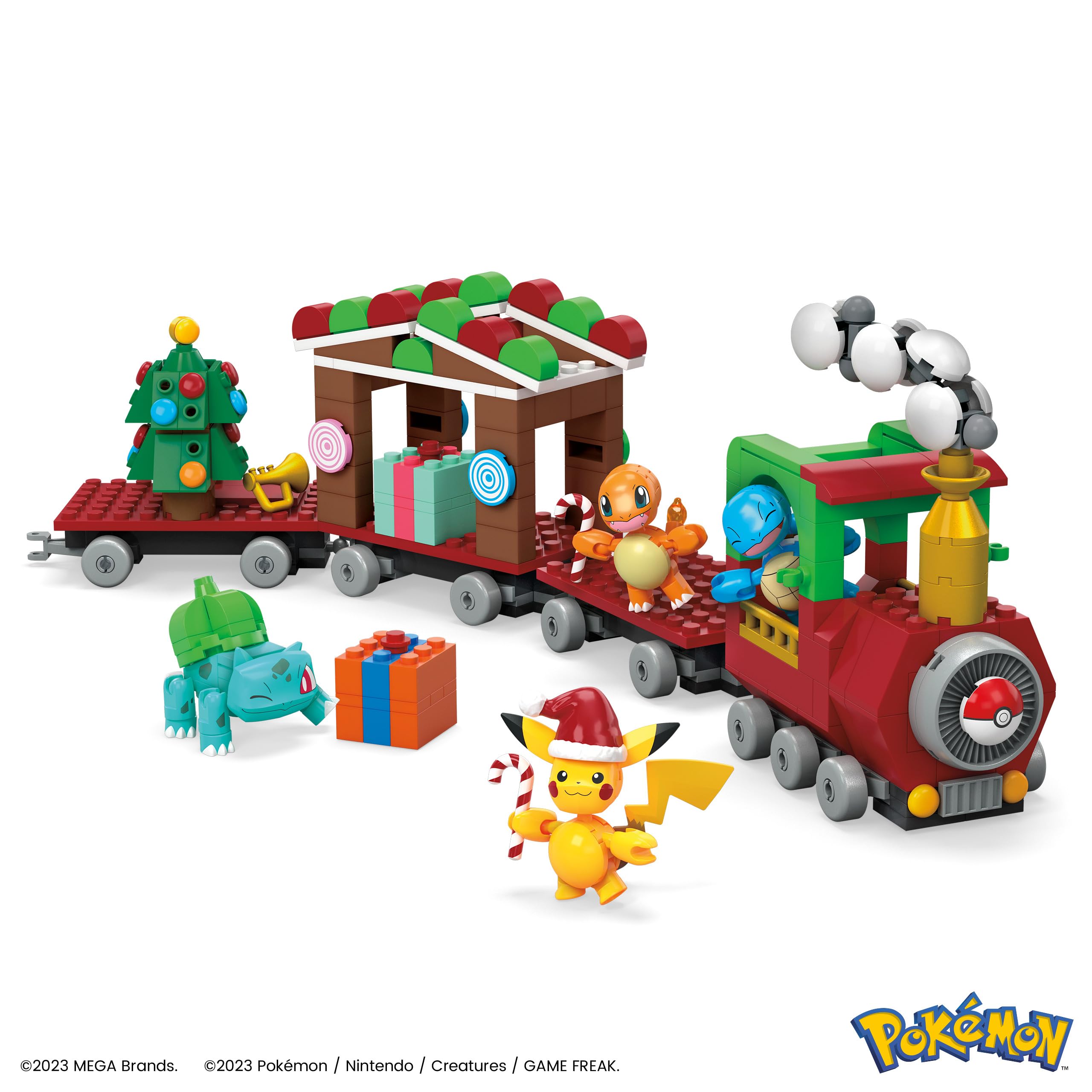 Mega Pokémon Tren Festivo Juguetes de construcción con 4 Figuras articuladas, 373 Piezas, Idea de Regalo para niños y niñas, HHP69