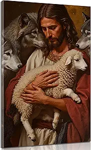 Jesus and Lamb Canvas Wall Art Jesus Saves the Lost Lamb Painting Picture Wall Decor Christian Shepherd Religious Poster Print Artwork for Church Room Living Bedroom Office Home Decoration Framed