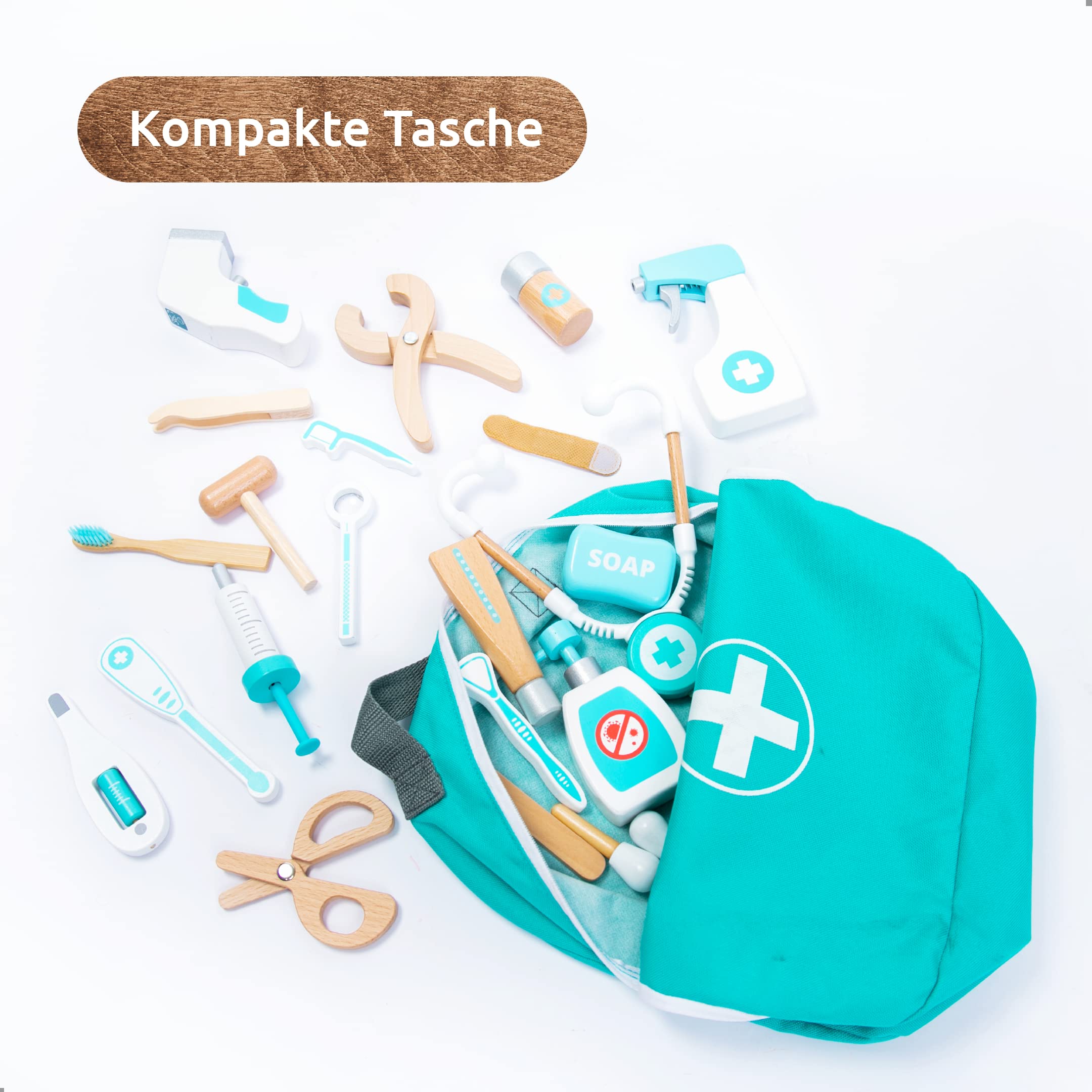 UMU® Deluxe Holz Arztkoffer Kinder Spielset mit Stethoskop, Arztkittel, Zahnarzt Zubehör und mehr, Doktorkoffer Spielzeug zum Rollenspiel, 36 STK Medizinische Kit für Kinder ab 3, 4, 5 Jahre