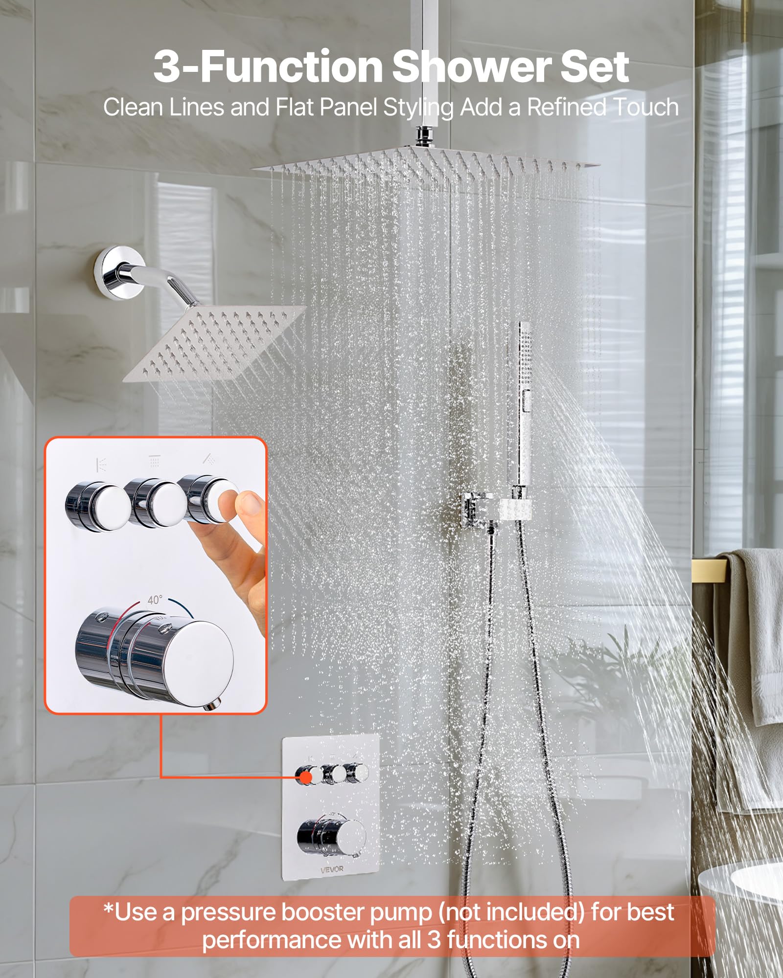 VEVOR Sistema de Grifería, con Ducha de Lluvia de 30 cm, Cabezal de Pared de 15 cm, Ducha de Mano 2 en 1, Cabezal de Lluvia Doble Giratorio 3 Funciones, Embellecedor de Latón, Termostato Cromado