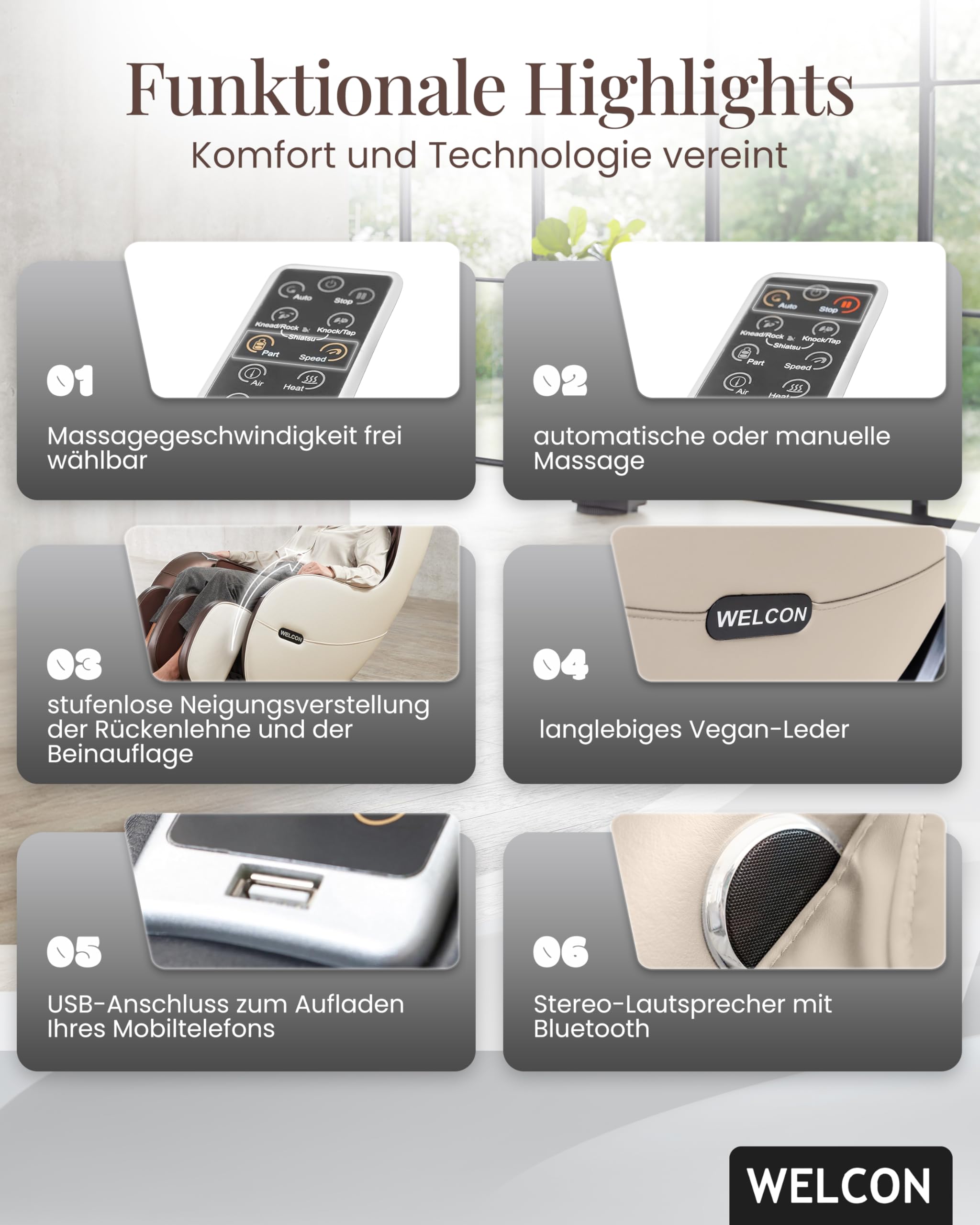 WELCON EASYRELAXX Massagesessel elektrisch in Beige-Braun – L-Shape Relaxsessel mit Automatikprogrammen, Knetmassage & Klopfmassage, Ganzkörper-Massagestuhl für Zuhause
