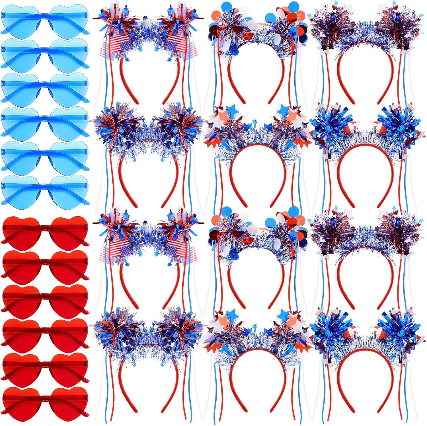 Suncalla 24 Pcs 4th of July Party Favor Patriotic Headband and Sunglasses American Flag Star Tinsel Head Bopper Red White and Blue Accessories for Independence Day Supplies 250th Anniversary(Heart)