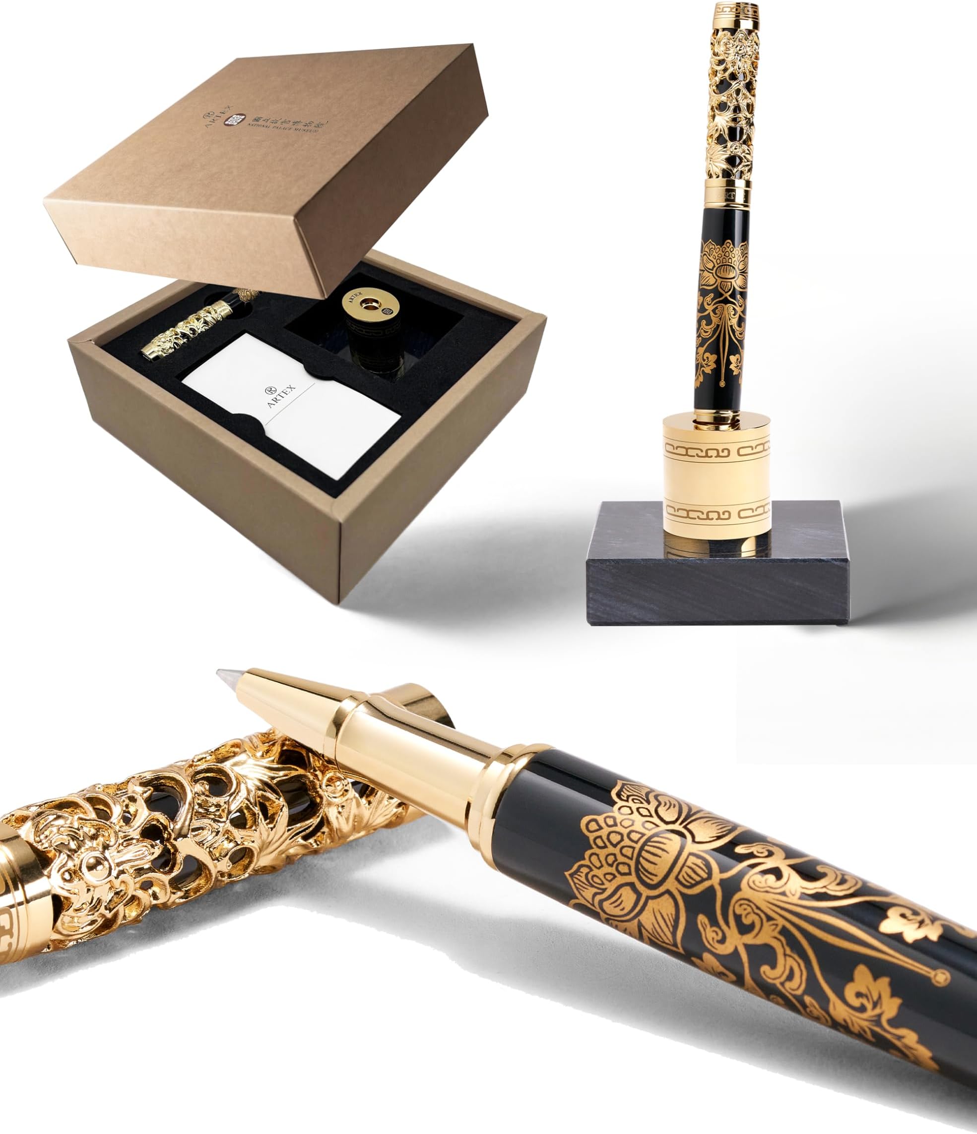 ARTEX Executive Rollerball Pen Sets With Stand - Museum Art Collections - Crafting Timeless Beauty - Luxury Pen Gift & Office Desk Decor, German SCHMIDT refill, Solid Metal & Marble Texture