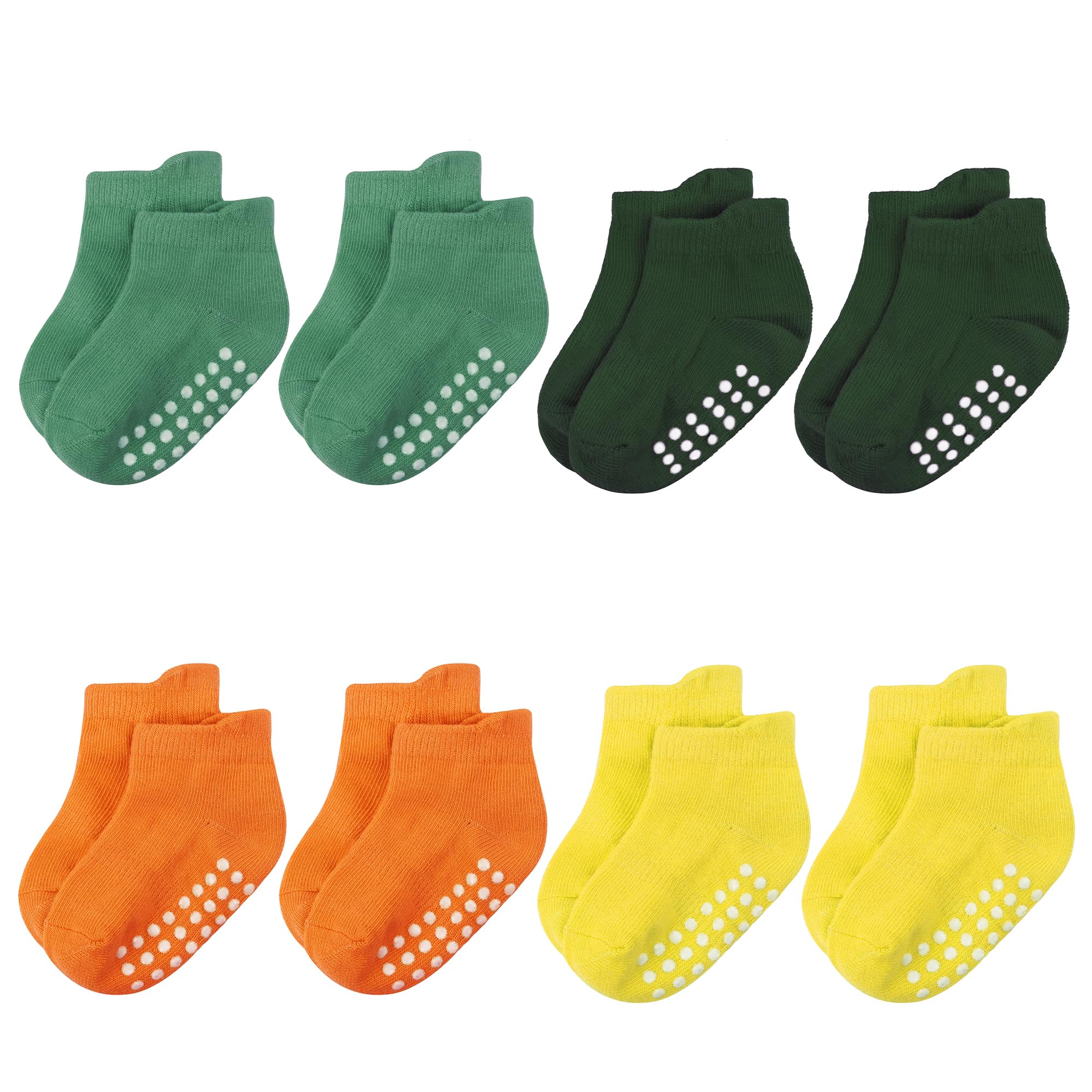 Jealkip 8 Pairs Baby & Toddler Cotton Non-Slip Ankle Socks - Grip Socks for Boys & Girls, 4-7 Years (Green, Dark Green, Orange, Yellow)