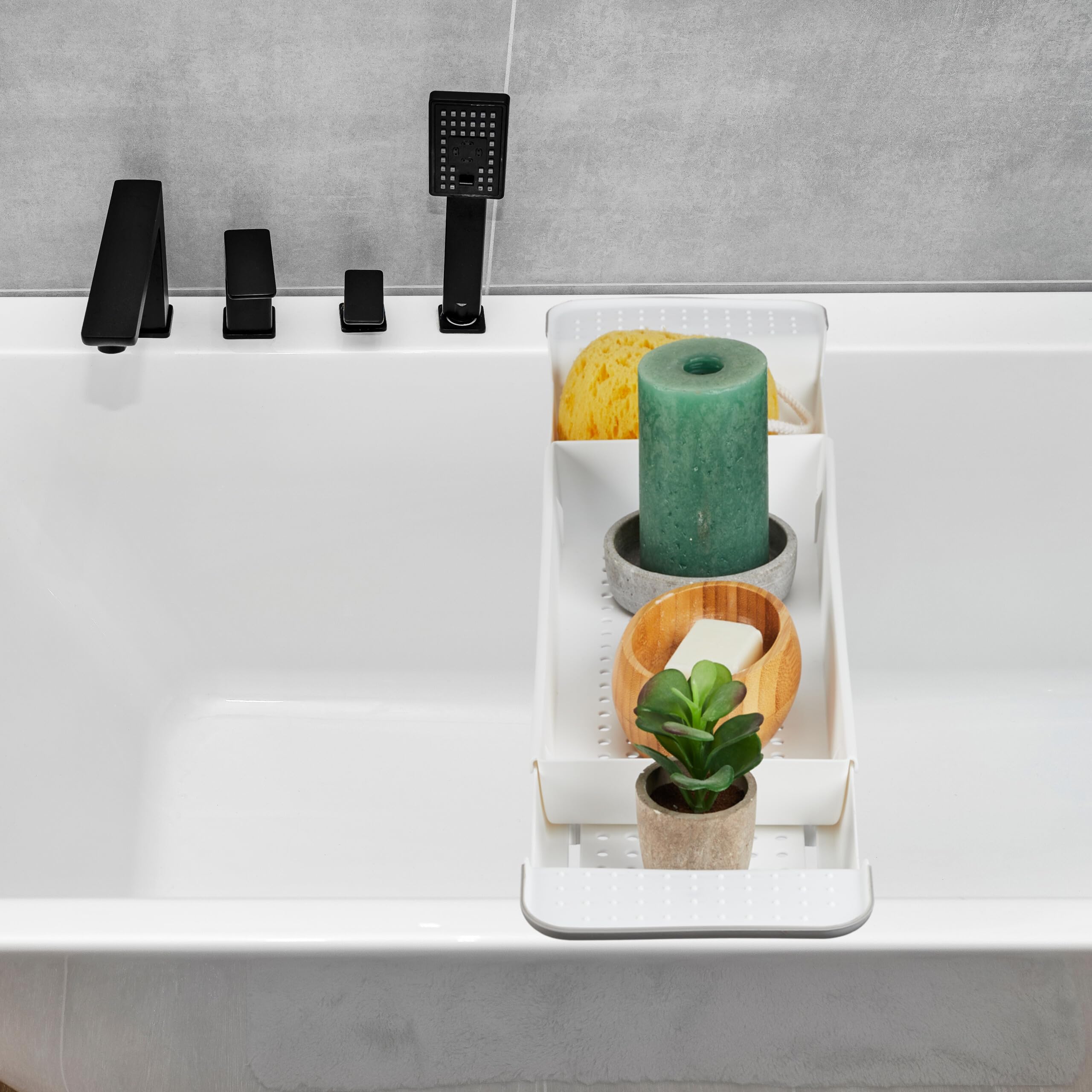Relaxdays Vassoio per la Vasca da Bagno, Allungabile 55,5-78 cm, Plastica, Ripiano Fori per Drenaggio dell'Acqua, Bianco