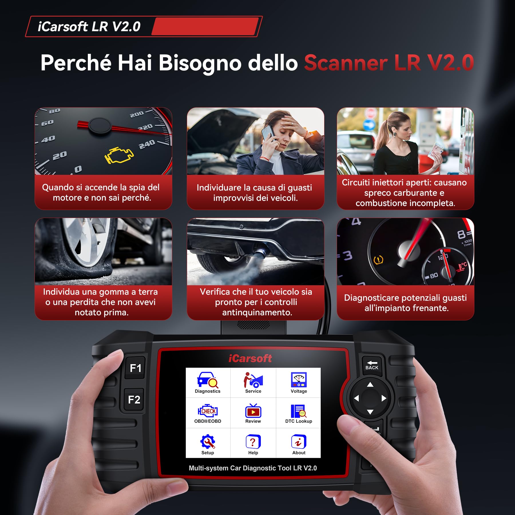 iCarsoft LR V2.0 OBD2 Auto Diagnostica per Land Rover/Jaguar, Diagnosi Auto in Italiano per Tutti i Sistemi, 9 Funzioni di Ripristino, Olio/EPB/BMS/ETC/SAS/INJ/TPMS/DP-F/ABS, Aggiornamento a Vita