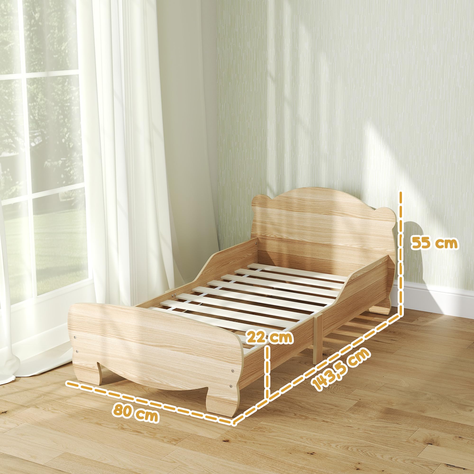AIYAPLAY Kinderbett mit Rausfallschutz Lattenrost 140 x 70 cm Jugendbett mit Bären-Design Einzelbett für Mädchen und Jungen Naturholz