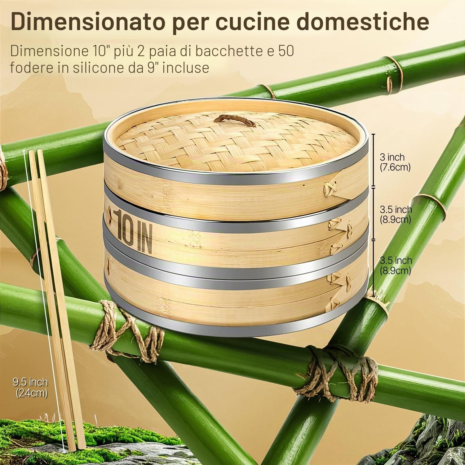 Flexzion Vaporiera di bambù (25,4cm /10 pollici) con fasce in acciaio inox 50x fodere e 2 paia di bacchette, Vaporiera di bamboo cestello cinese, Steamer vapore per cottura cucina cibo asiatico