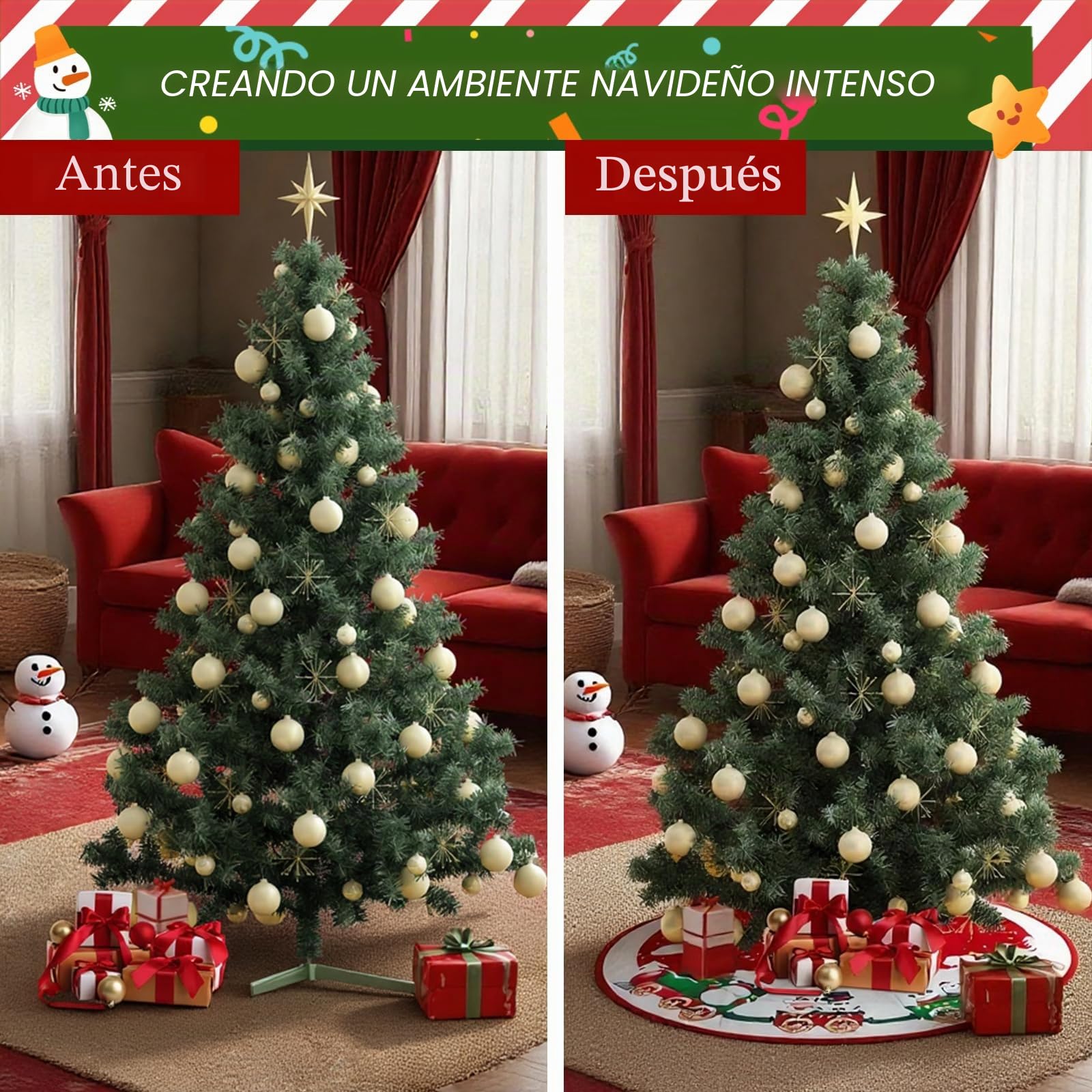 Falda de Árbol de Navidad, Alfombra de Árbol de Navidad, con Motivos de Muñecos de Nieve, Copos de Nieve y Trenes, para la Decoración Navideña del Hogar, Rojo