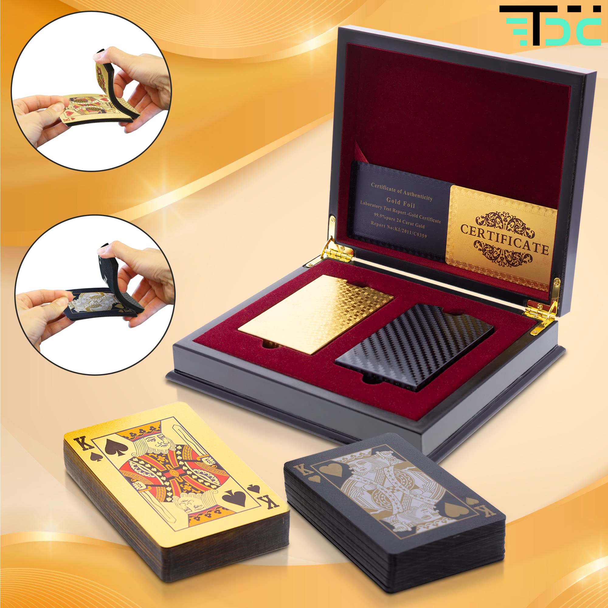 Cartas Poker. Baraja Poker Juego de Mesa con Caja Madera Maletin. Baraja de Cartas Poker Impermeable. Baraja Poker Negras, Doradas, Oro. (Gold+Black+Box)