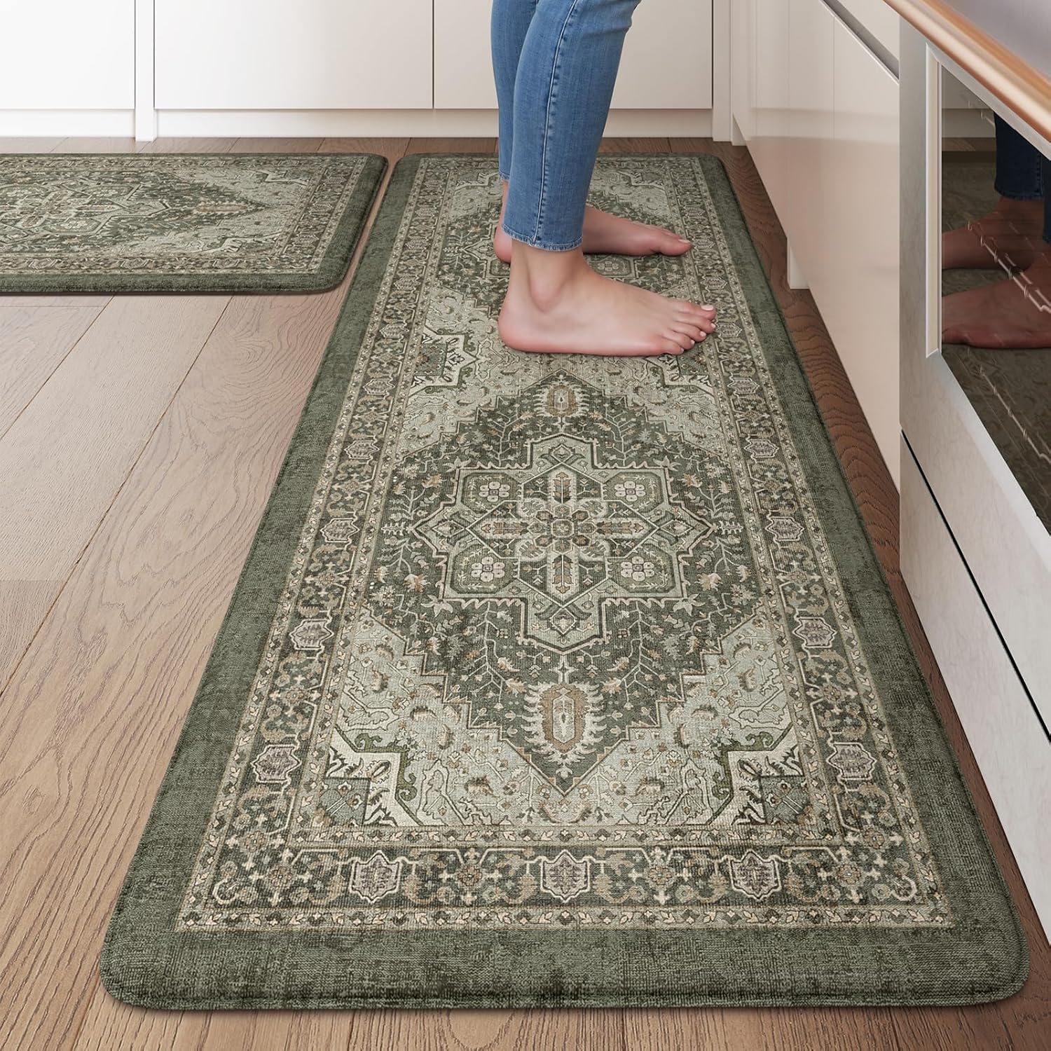 KIMODE Anti Fatigue Kitchen Mats for Floor, Farmhouse Kitchen Rugs Sets of 2, Cushioned Kitchen Floor Mats, Comfort Standing Mat for Sink Laundry Office Desk Dark Green 20"x47"+20"x32" 20" x 47"+20" x 32"--0.47 inches Dark Green