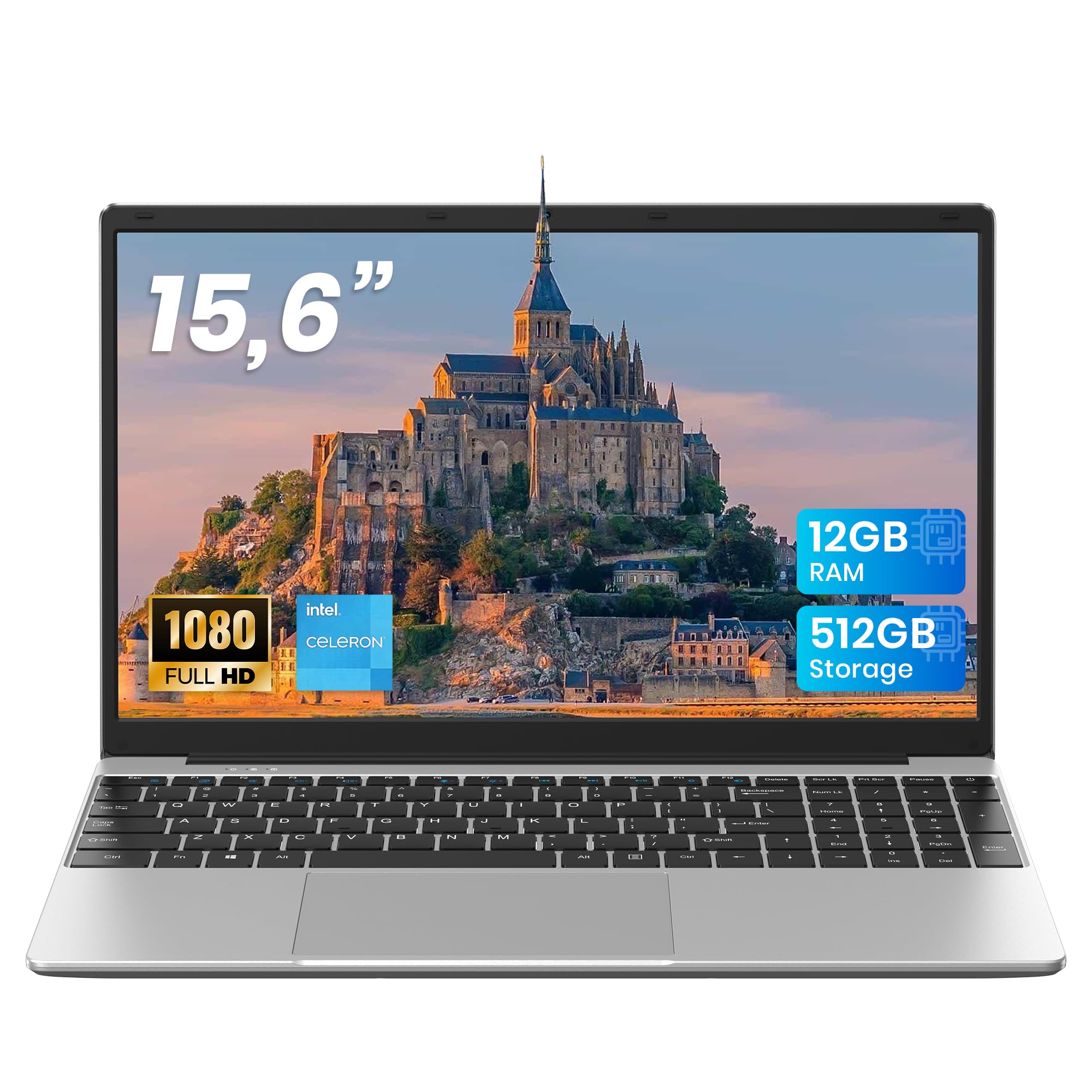 jumper Laptop 15,6 Zoll FHD Display, 12 GB RAM 512 GB ROM TF Erweitern 512GB, 5205U Prozessor Notebook(bis zu 2,3 GHz), 2 Stereo-Lautsprecher/USB 3.0/Typ-C/Zehnertastatur