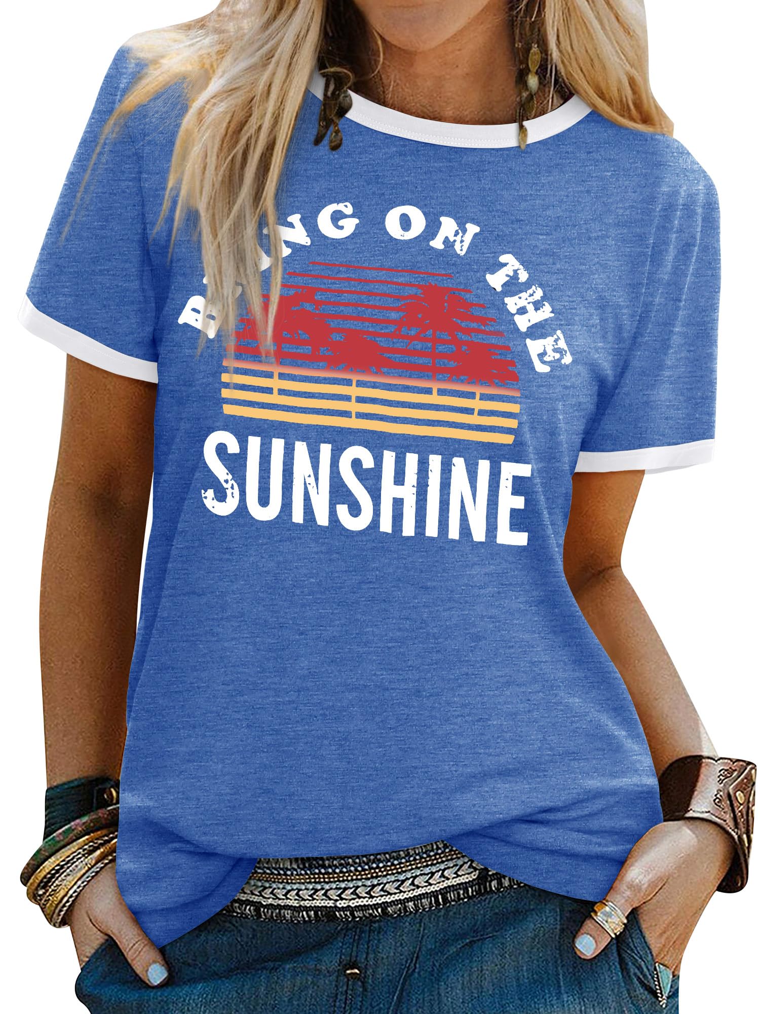 Dresswel Women's Bring On the Sunshine T-Shirt, Short-Sleeve, Crew Neck, Rainbow Graphic Print Tee Tops, T-Shirt, Summer Tops