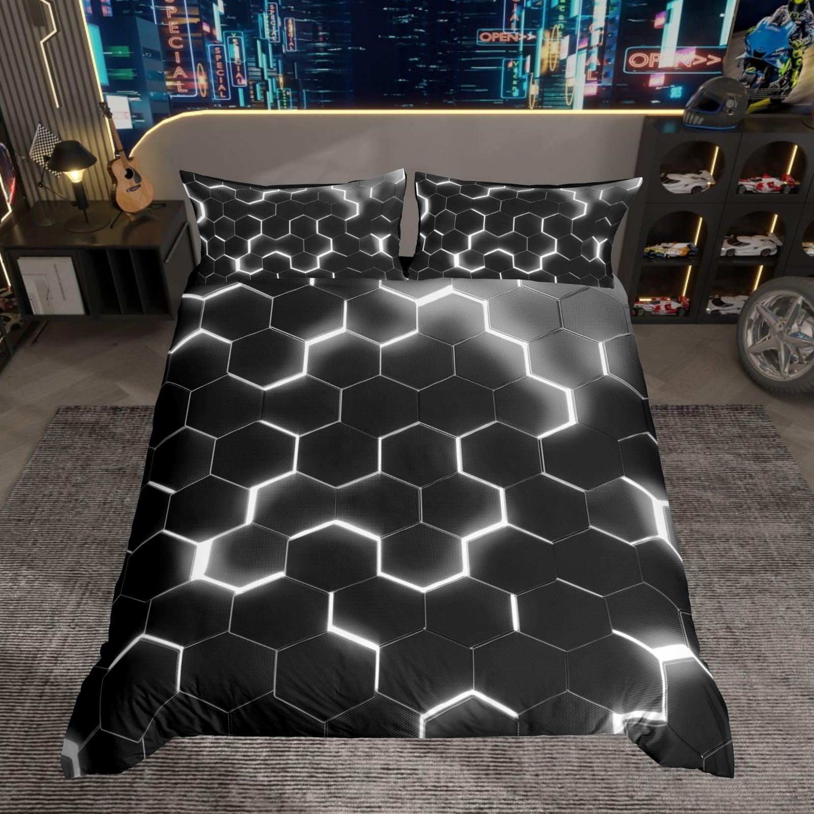 Homewish Geometric Double Bedding Set for Boys Girls Youth, Neon Silver Honeycomb Decor Duvet Cover Beehive Hexagonal Comforter Cover Luxury Microfibre Bedding & Linen with 2 Pillowcases