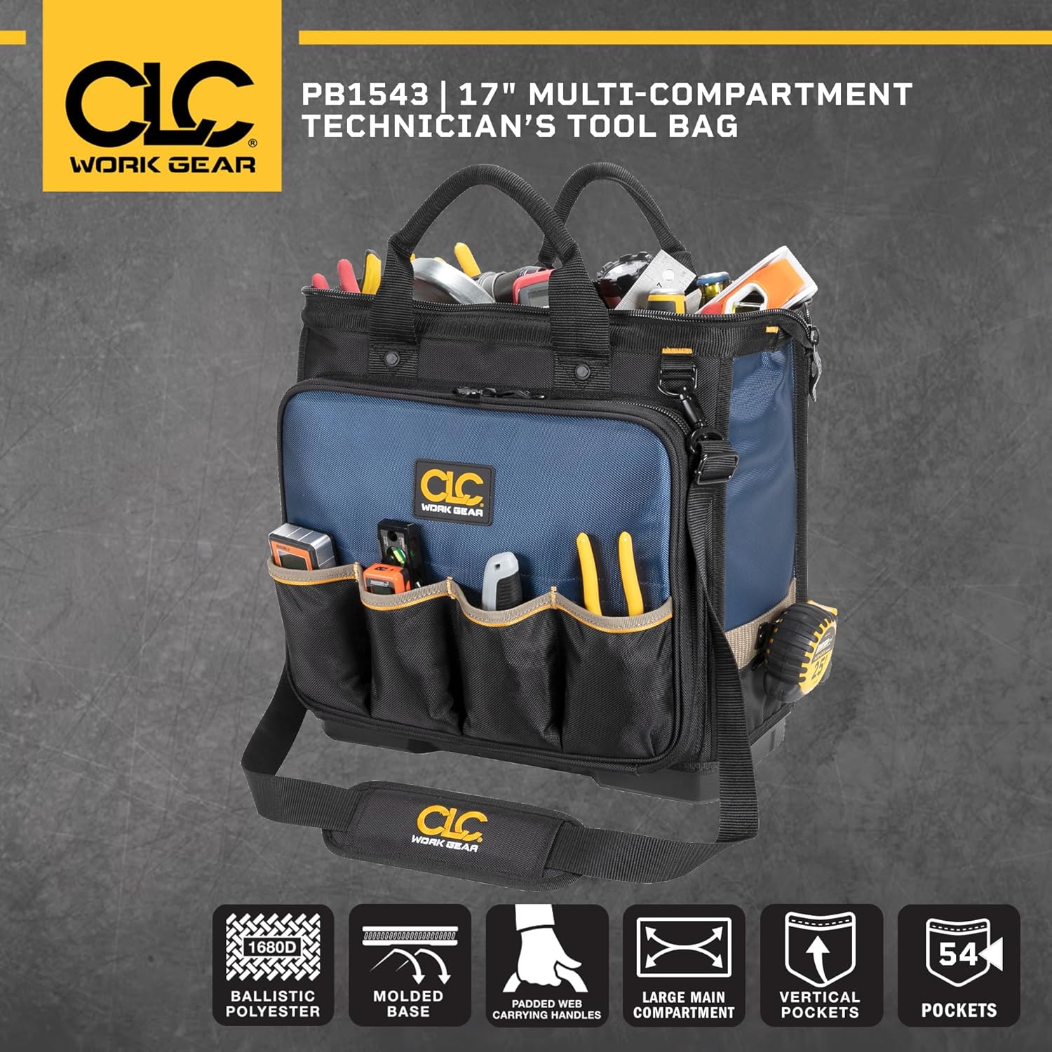 CLC Work Gear PB1543 17" Molded Base Multi-Compartment Technician's Tool Bag,Black/Blue
