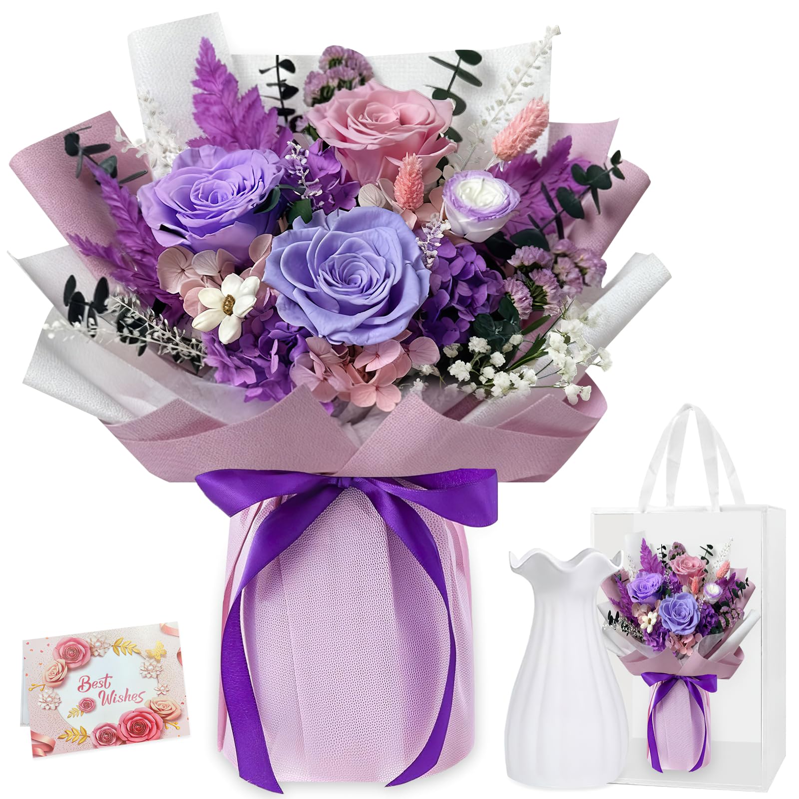 Cigaa Women's Purple Bouquet Of Flowers- Forever Rose Eternal With Vase | Preserved Flower Real Rose For Girlfriend Wife| Romantic Gift For Her On Anniversary,Mother’s Day,Birthday,Graduation,Valentine (Purple)