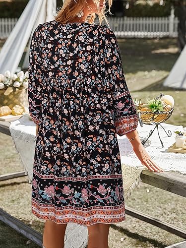 Vista 4 de TEMOFON Mini vestido bohemio para mujer verano floral 34 manga larga cuello en V fluido suelto casual vestidos de playa