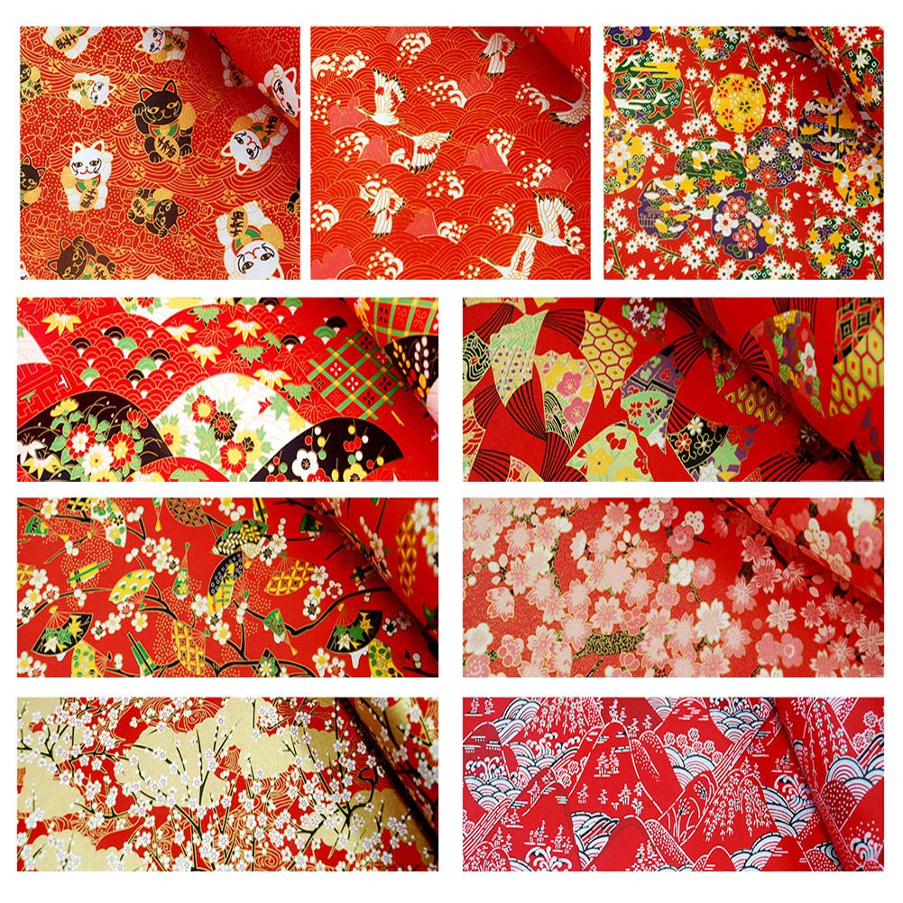 Japanese Multi Style Hefeng Pattern Wrapping Paper for Wedding,Birthdays,Valentines,Christmas,Baby Shower Wrapping, Pack of 9, 17x24 Inch, Red