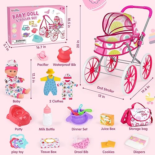 Miniatura 6 de Juego de cochecito de bebé con muñeca de 12.5 pulgadas, cambio de pañales, 2 ropa de muñeca, chupete, bolsa de almacenamiento, accesorios para