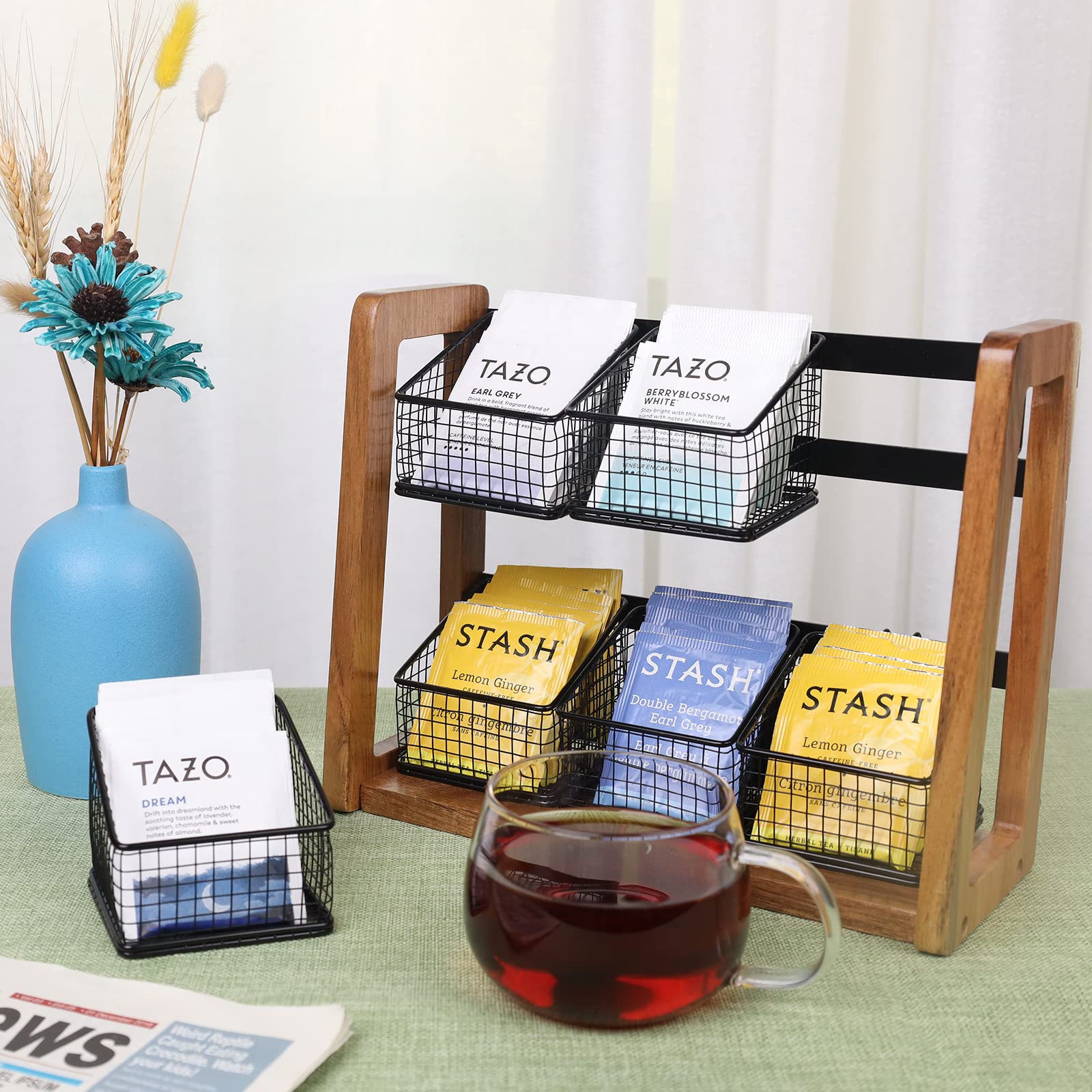 HTB 2 Tier Tea Organizer for Tea Bags with 6 Removable Metal Baskets