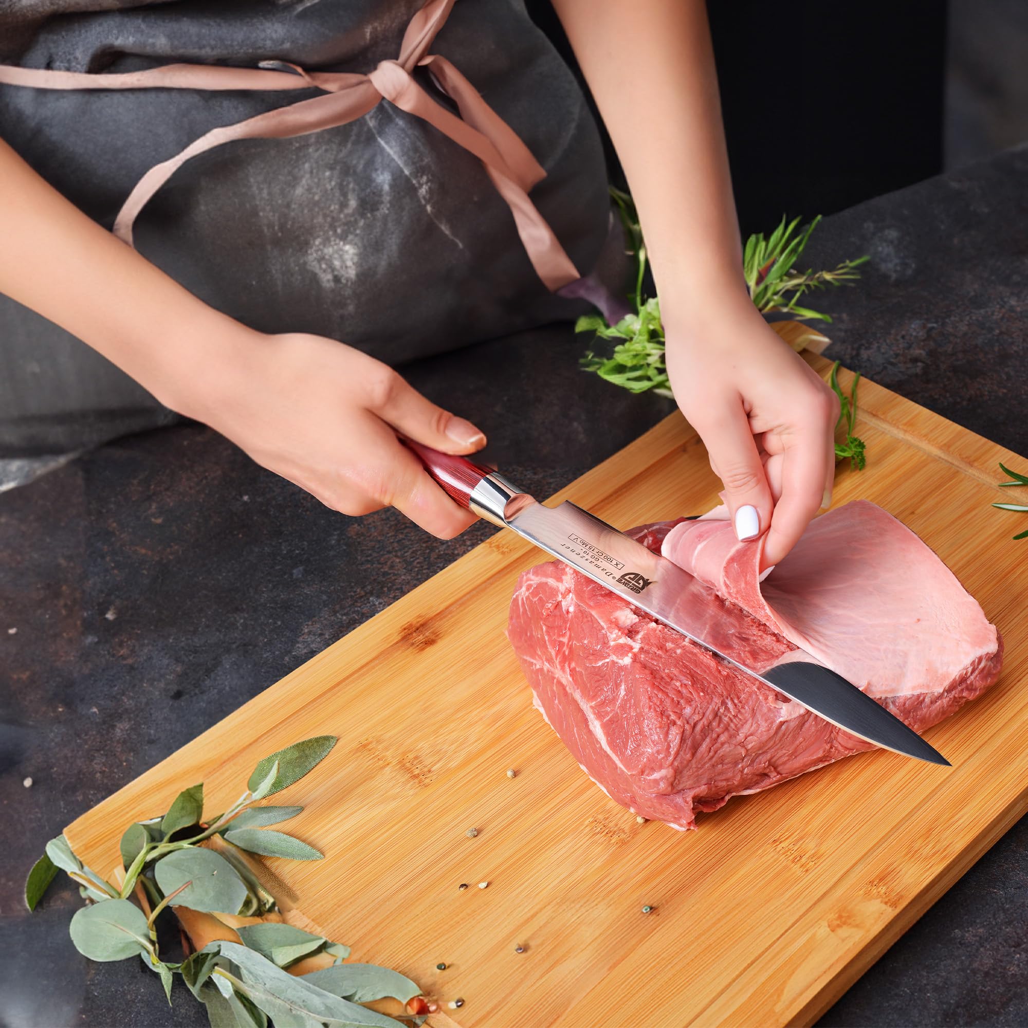 GRÄWE Juego de 4 cuchillos de Damasco Pakkawood, cuchillos de cocina profesionales: cuchillo multiusos Santoku, cuchillo de chef y fileteador, cuchillas afiladas, acero damasco de 66 capas, mango