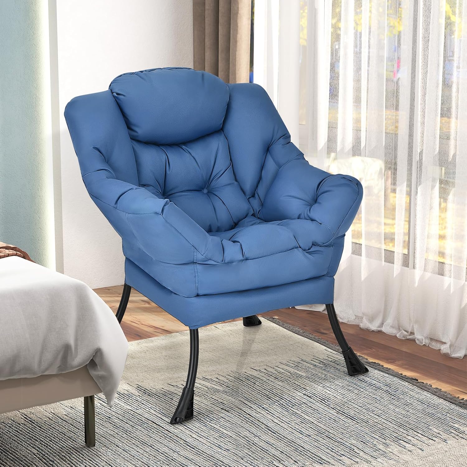 GORELAX Modern Lazy Chair,Upholstered Lounge Accent Chair, Single Leisure Sofa Chair with Armrests & Side Pocket, Comfy Reading Chair for Bedroom, Living Room, Dorm Room (Navy)