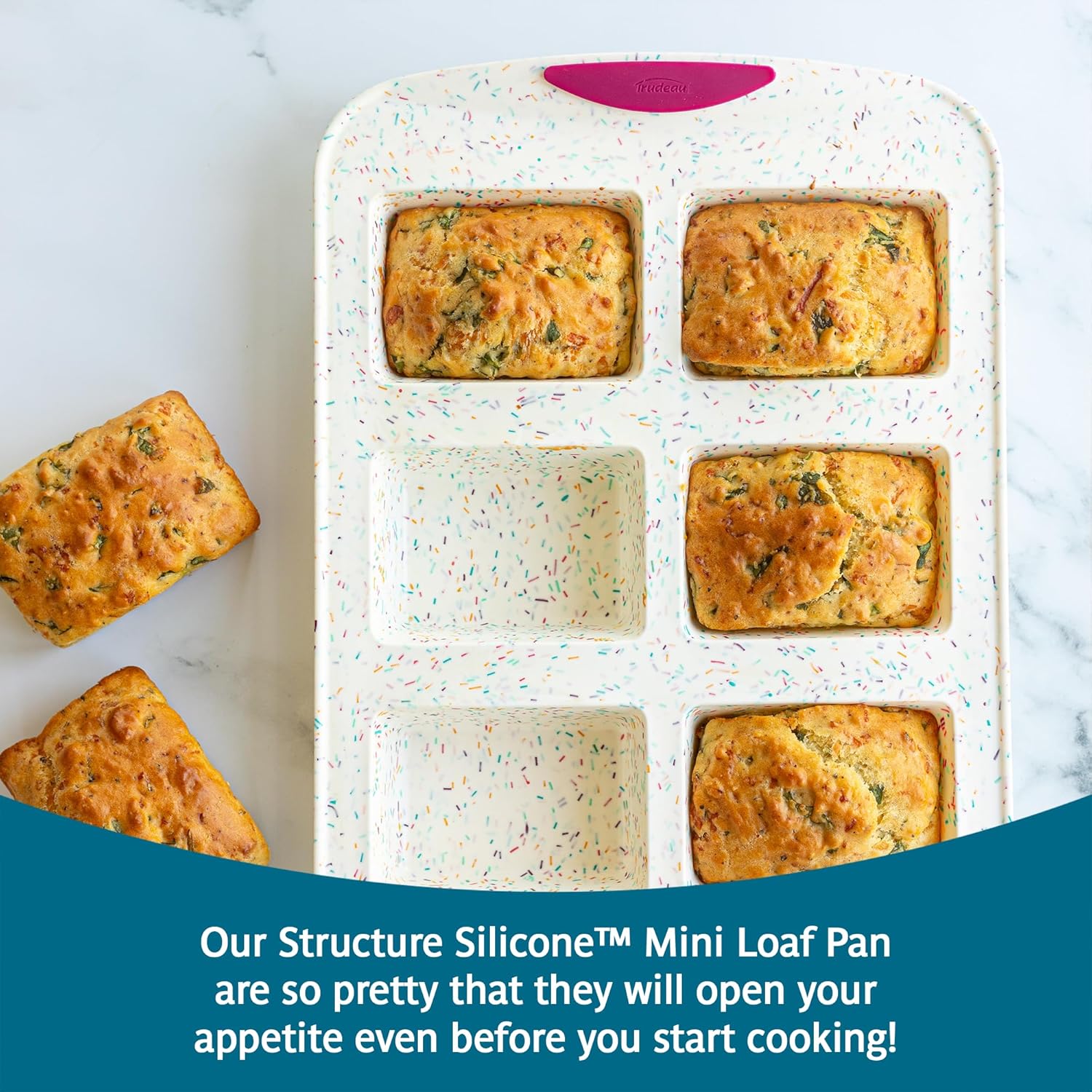 Trudeau Mini Loaf Pan – White Confetti/Fuchsia, 6-Cavity Nonstick Silicone Bakeware for Homemade Bread, Banana Bread, Pound Cake, and Mini Desserts – Flexible, BPA-Free, Dishwasher Safe