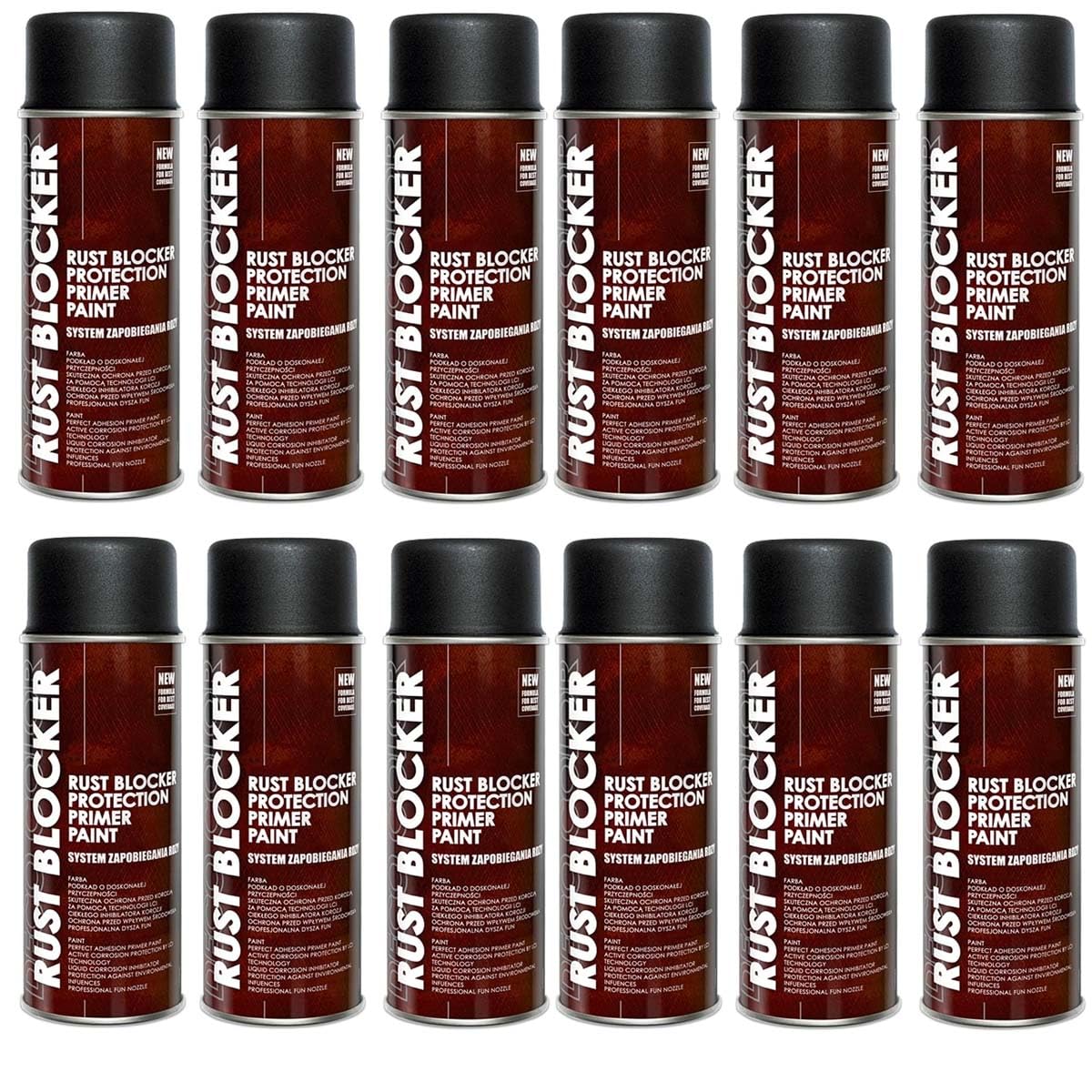 DECO COLOR 12er Sparpack 400 ml Rust Blocker 4in1 Metallschutzlack Rost Stop Lack schwarz matt RAL 9005, 4in1 -Haftvermittler - Aktiver Rostschutz - schnelltrocknender Lack - effektiver Schutz