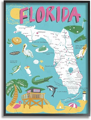 Miniatura 1 de Stupell Industries Florida Póster panorámico de mapa ilustrado en color verde azulado y rosa, con marco, 28 x 3.8 x 35.6 cm, multicolor