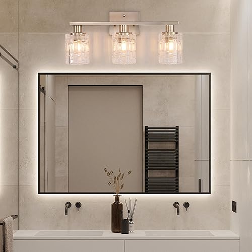 Miniatura 2 de Lámpara de tocador de baño de níquel cepillado de 3 luces, iluminación moderna con pantalla de cristal, accesorios de iluminación de baño de montaje