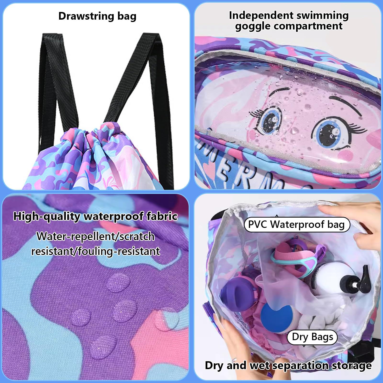 YUNCHONGuk Swimming Bags for Kids,Dry Wet Separation Swim Bag Kids,Drawstring Bags for Children,Sports Gym PE Bag,Waterproof Swimming Beach Backpack for Beach Pool School Gym Sports Travel - Image 3