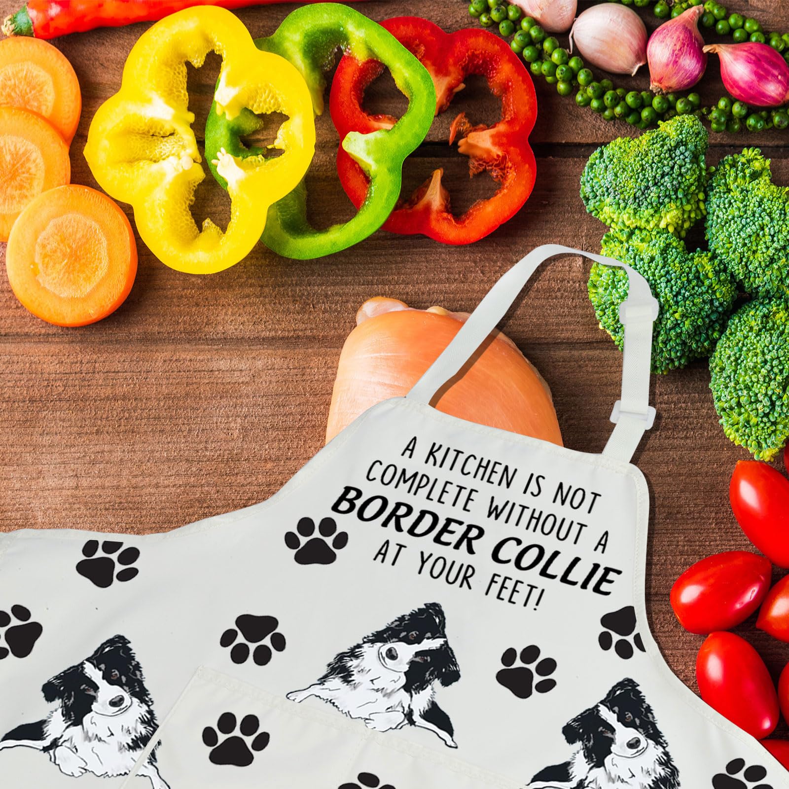 CENWA Mom Apron With Pockets - Border Collie Lover Gifts, Dog Owner Gifts, Adjustable Cooking Apron, White, 72*68 cm (28.34*26.77inch) - Image 2