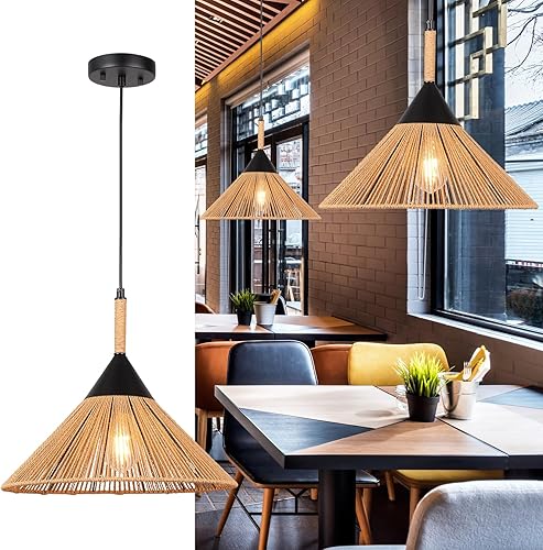 Darkaway Lámpara colgante de ratán grande estilo bohemio, lámpara colgante hecha a mano de 16 pulgadas, lámpara colgante ajustable de granja para